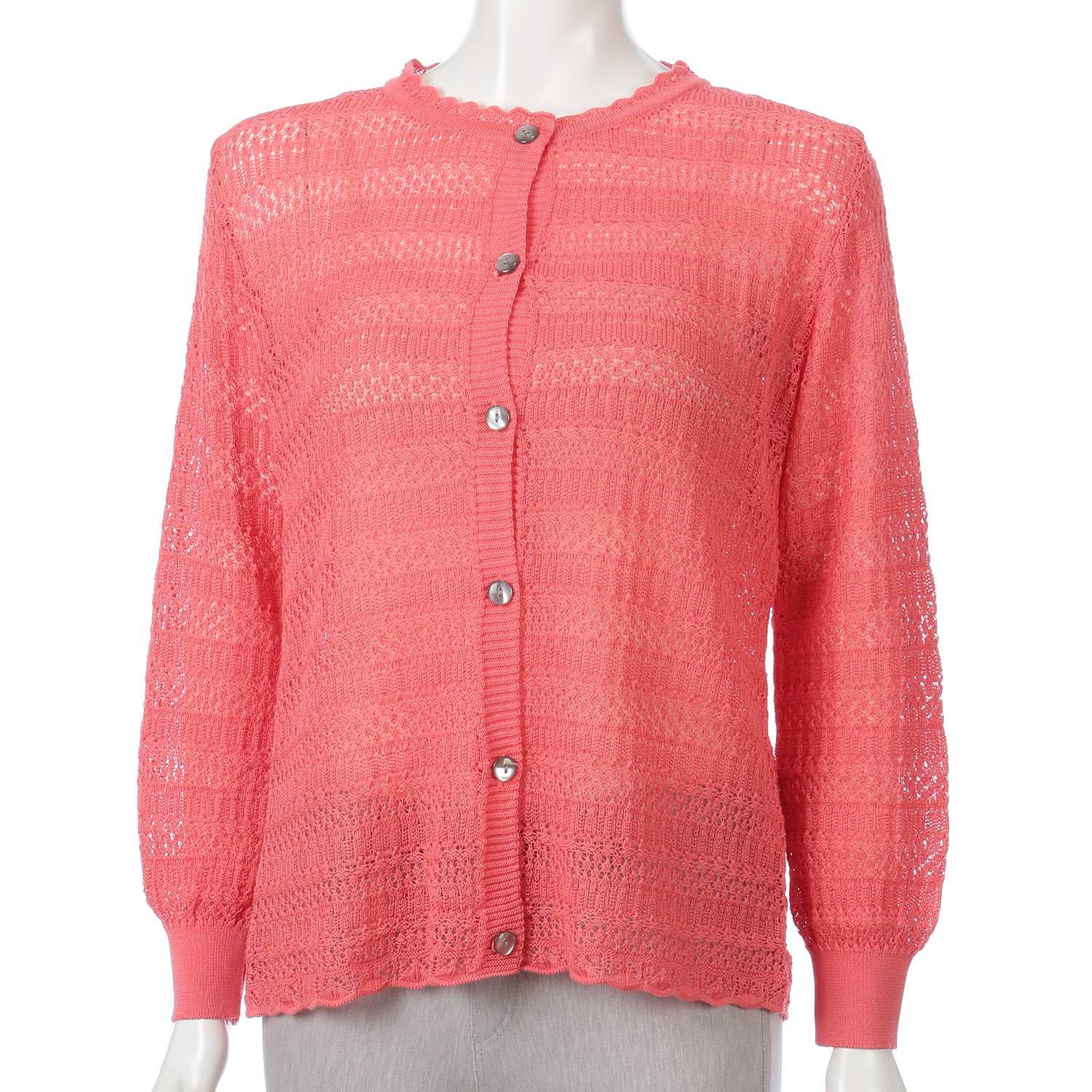 横柄透かし丸首カーディガン