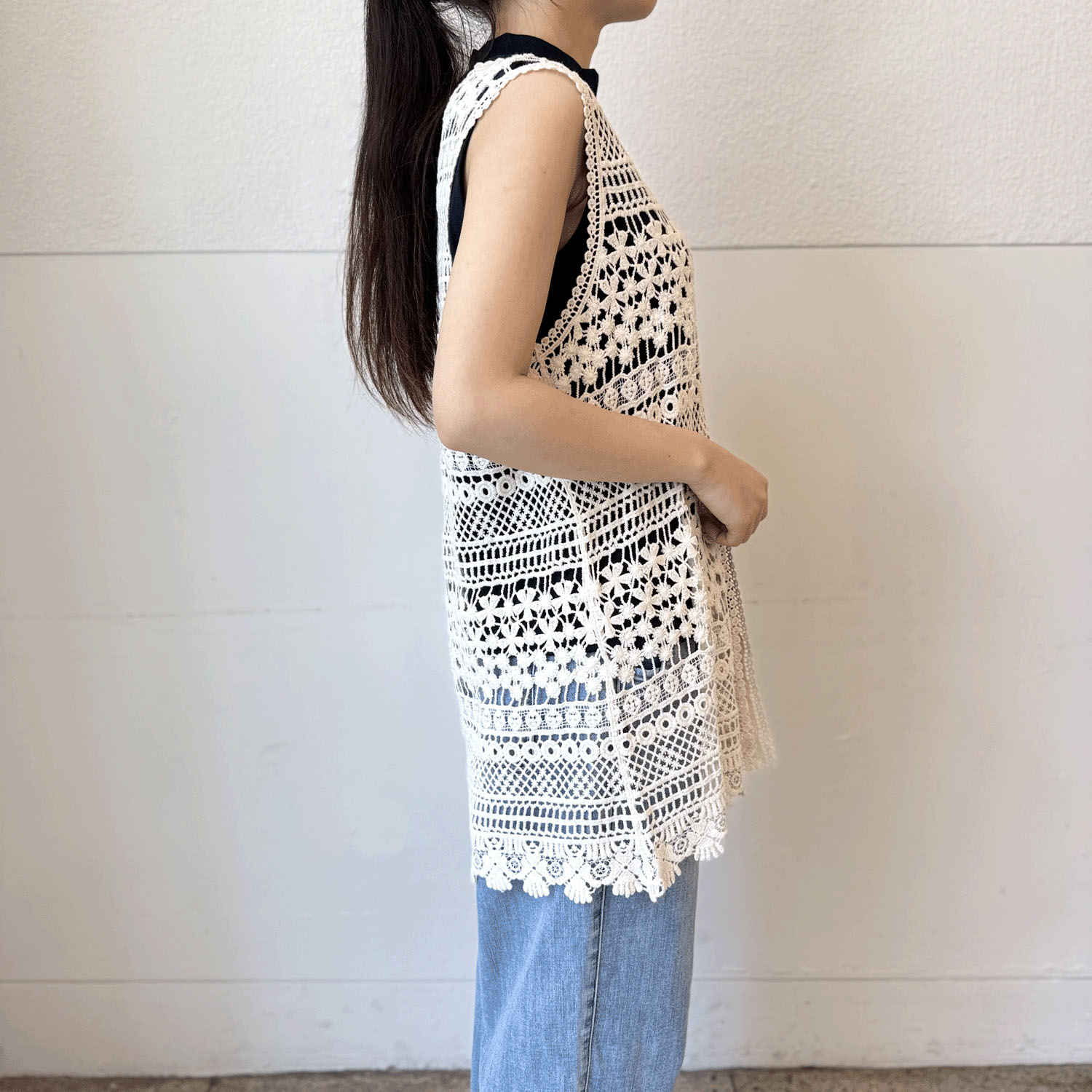 かぎ針編みレースロングベスト - 画像2