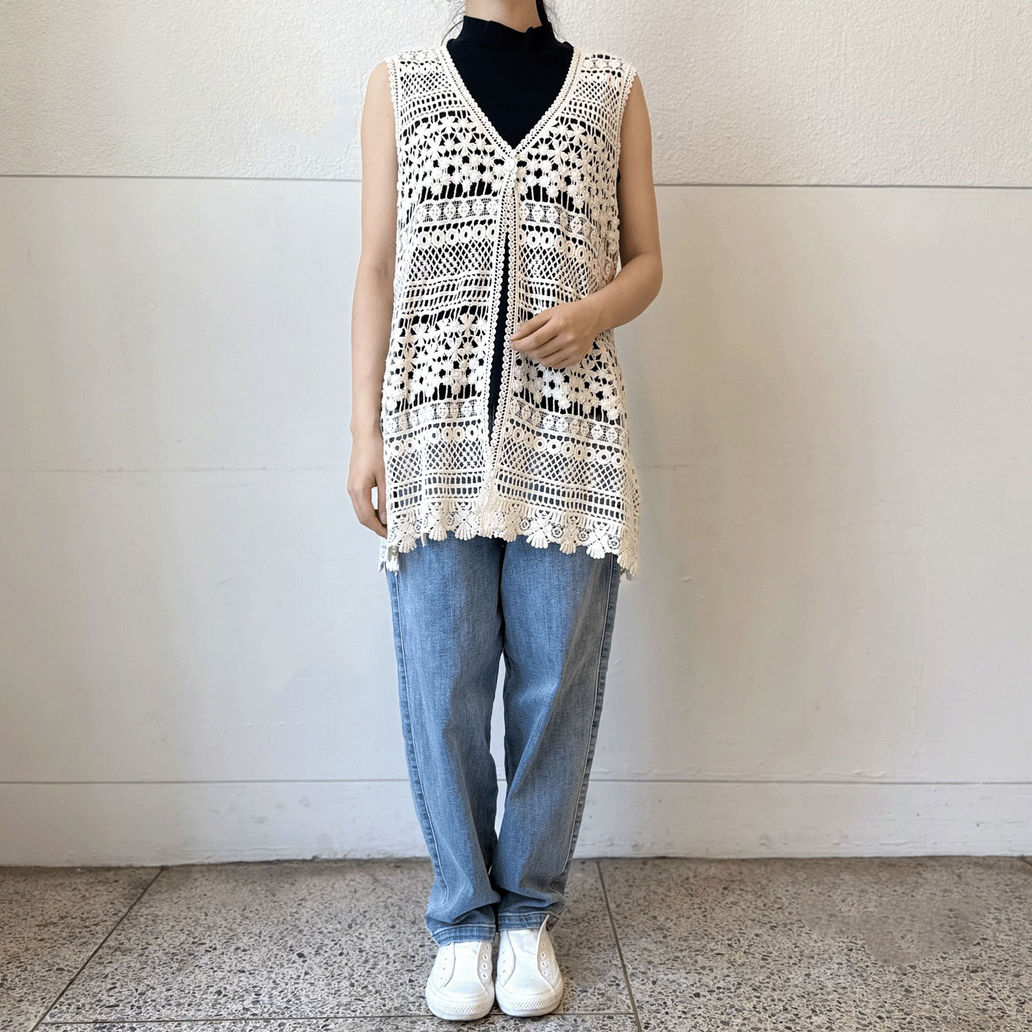 かぎ針編みレースロングベスト - 画像5