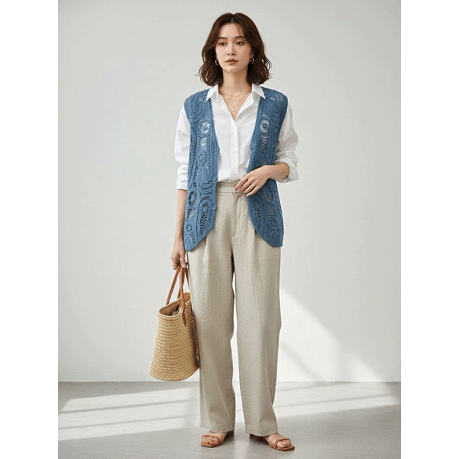 かぎ針風前開きベスト - 画像1