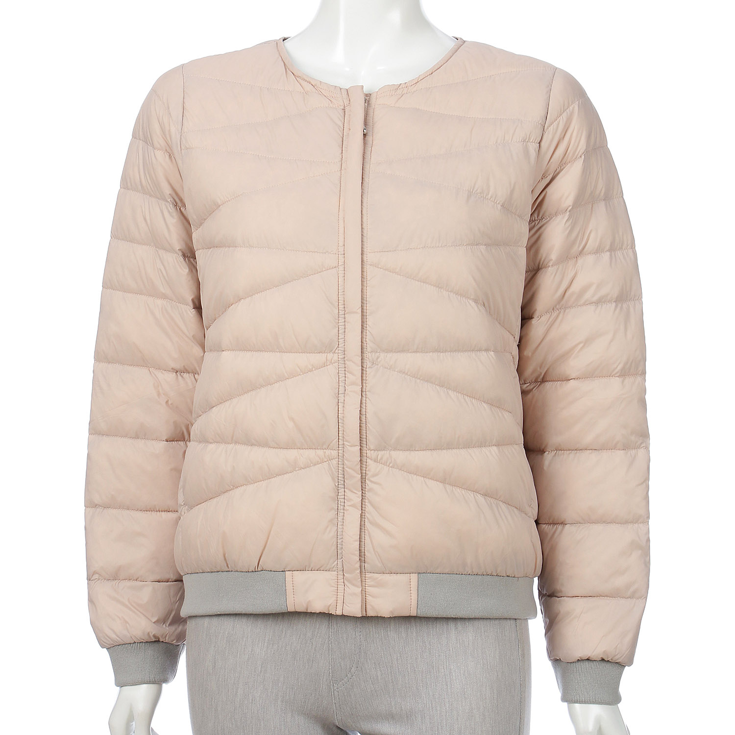 ノーカラー配色リブ使いダウンジャケット