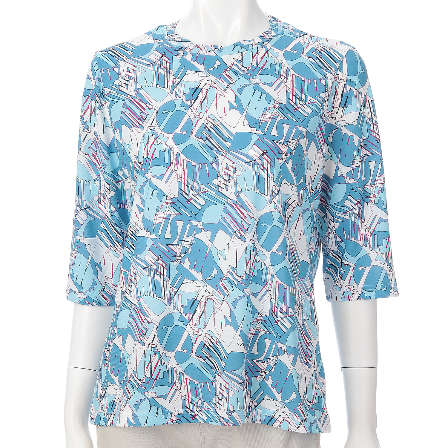 強撚天竺幾何学柄プリントねじり衿5分袖チュニック - 画像4