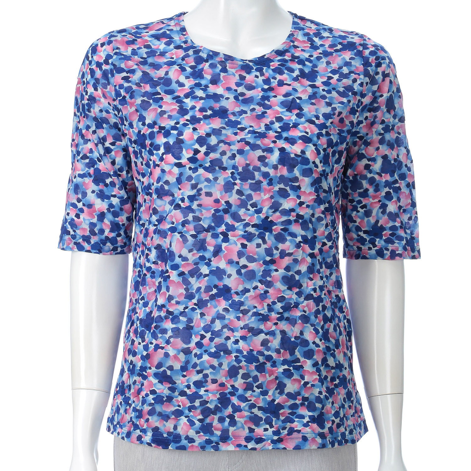 綿塩縮加工プリント丸首5分袖プルオーバー - 画像1