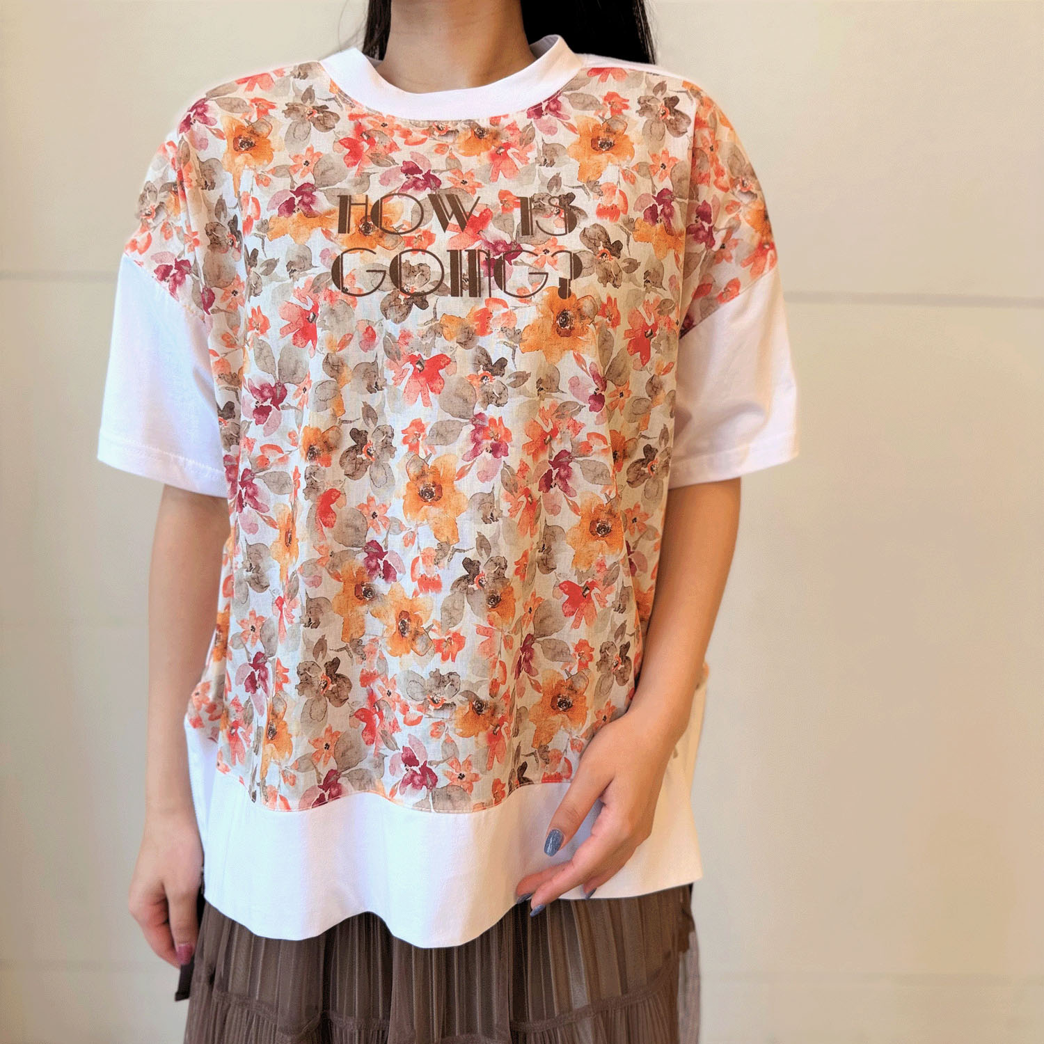 綿天竺×花柄切替ロゴ五分袖プルオーバー - 画像1