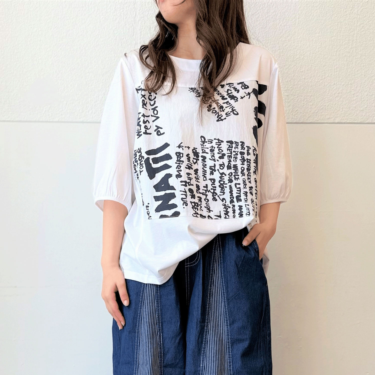 布帛プリント使い五分袖プルオーバー - 画像1