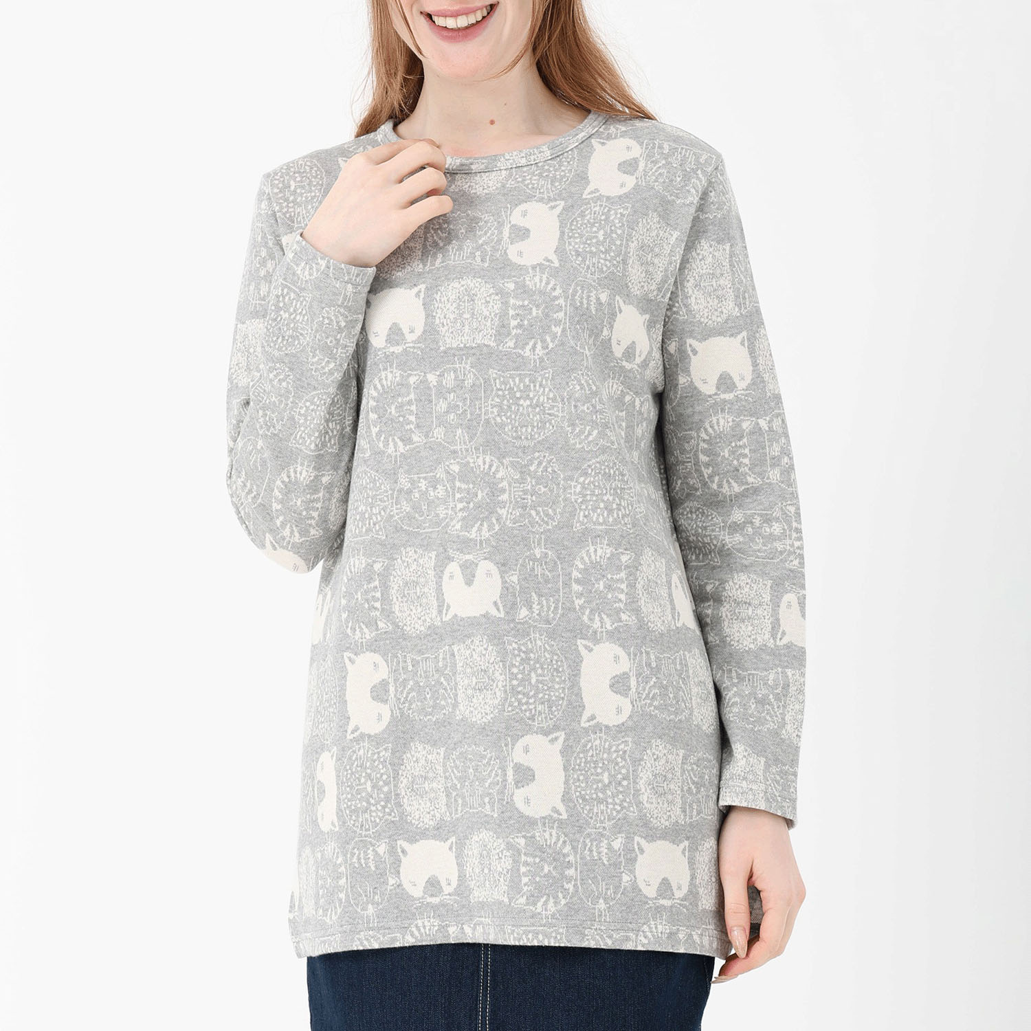 T’BIS STUDIO 長袖ネコ柄Wジャカードチュニック丈カットソー - 画像3