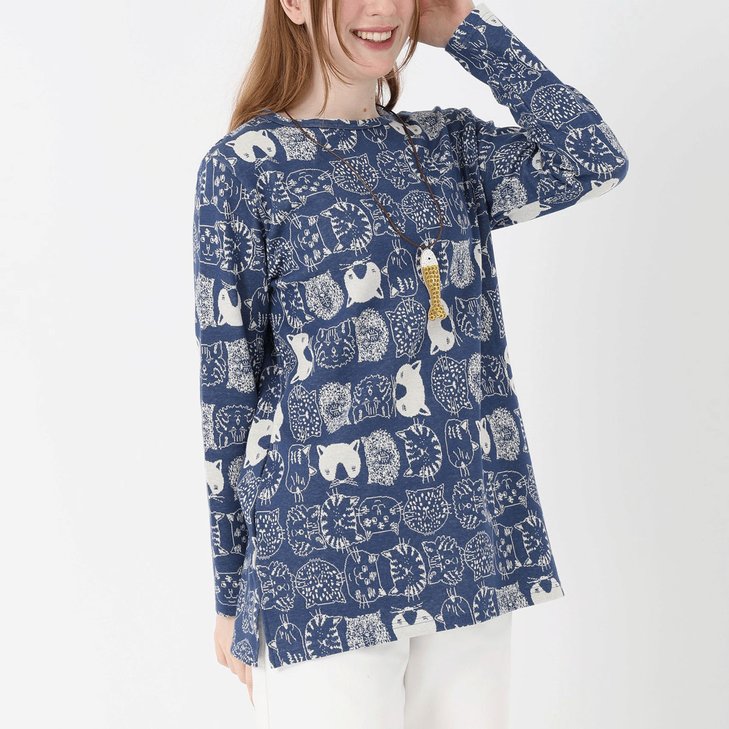 T’BIS STUDIO 長袖ネコ柄Wジャカードチュニック丈カットソー - 画像7