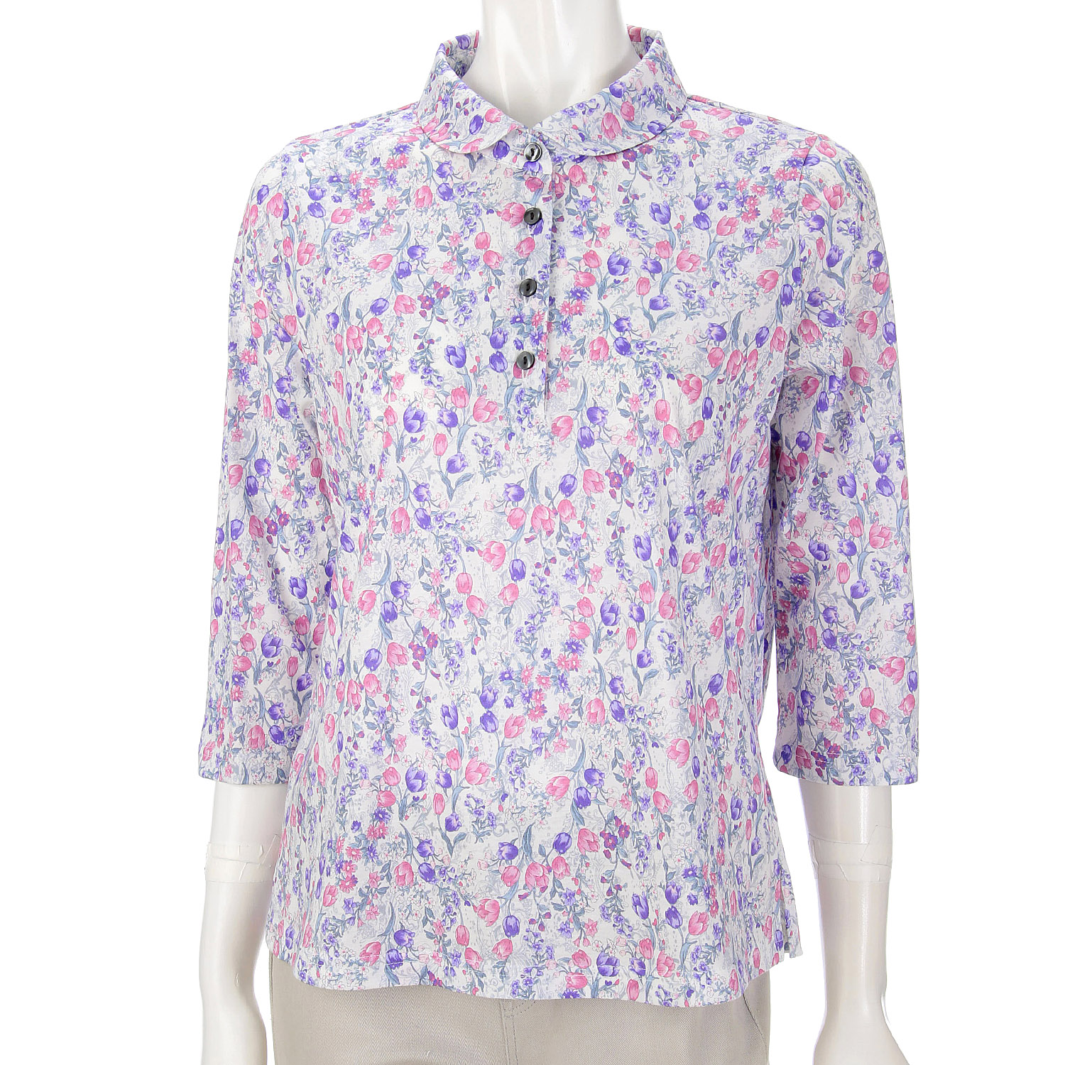 花柄総柄プリント台襟付きポロシャツ - 画像1