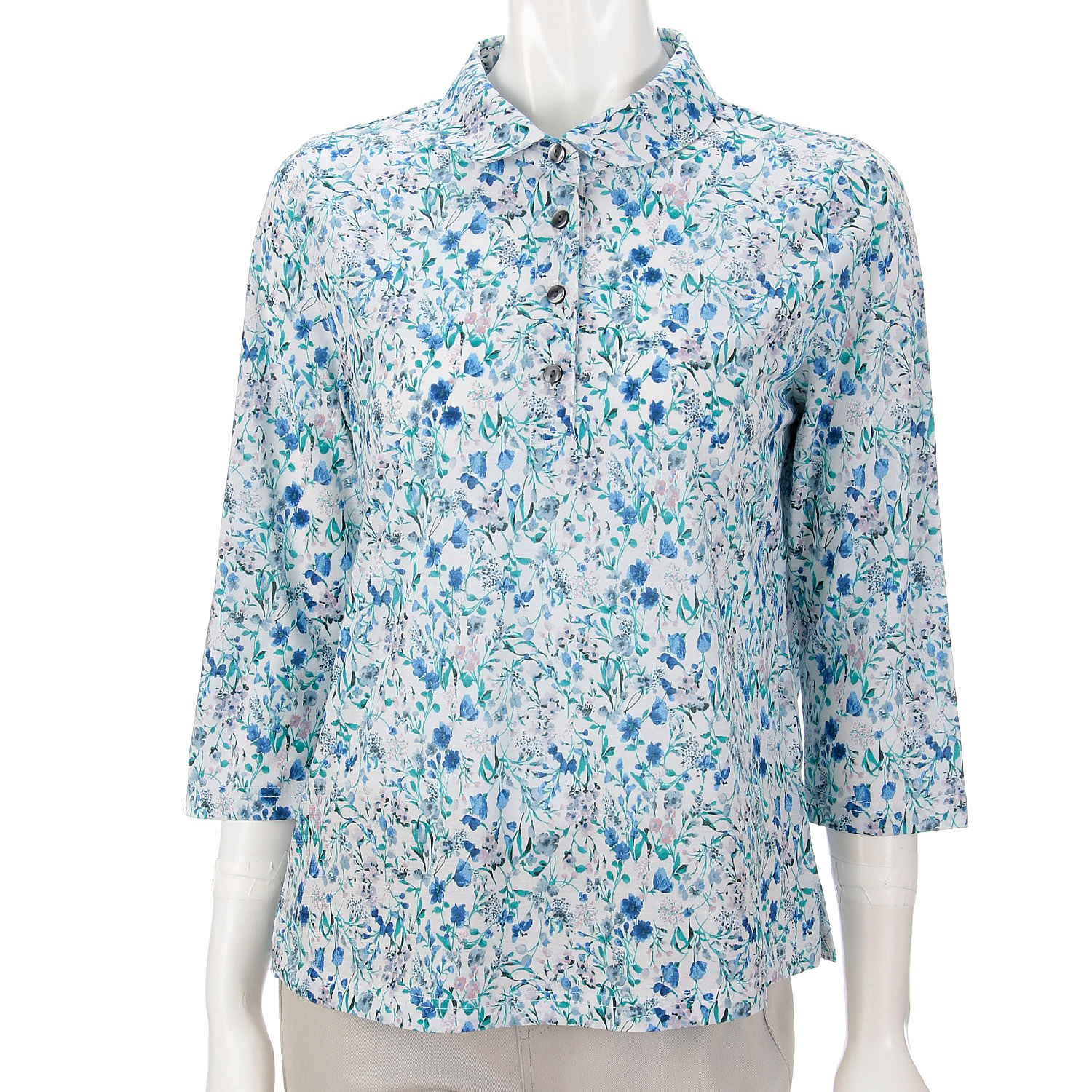 総花柄プリント台襟付きポロシャツ - 画像3