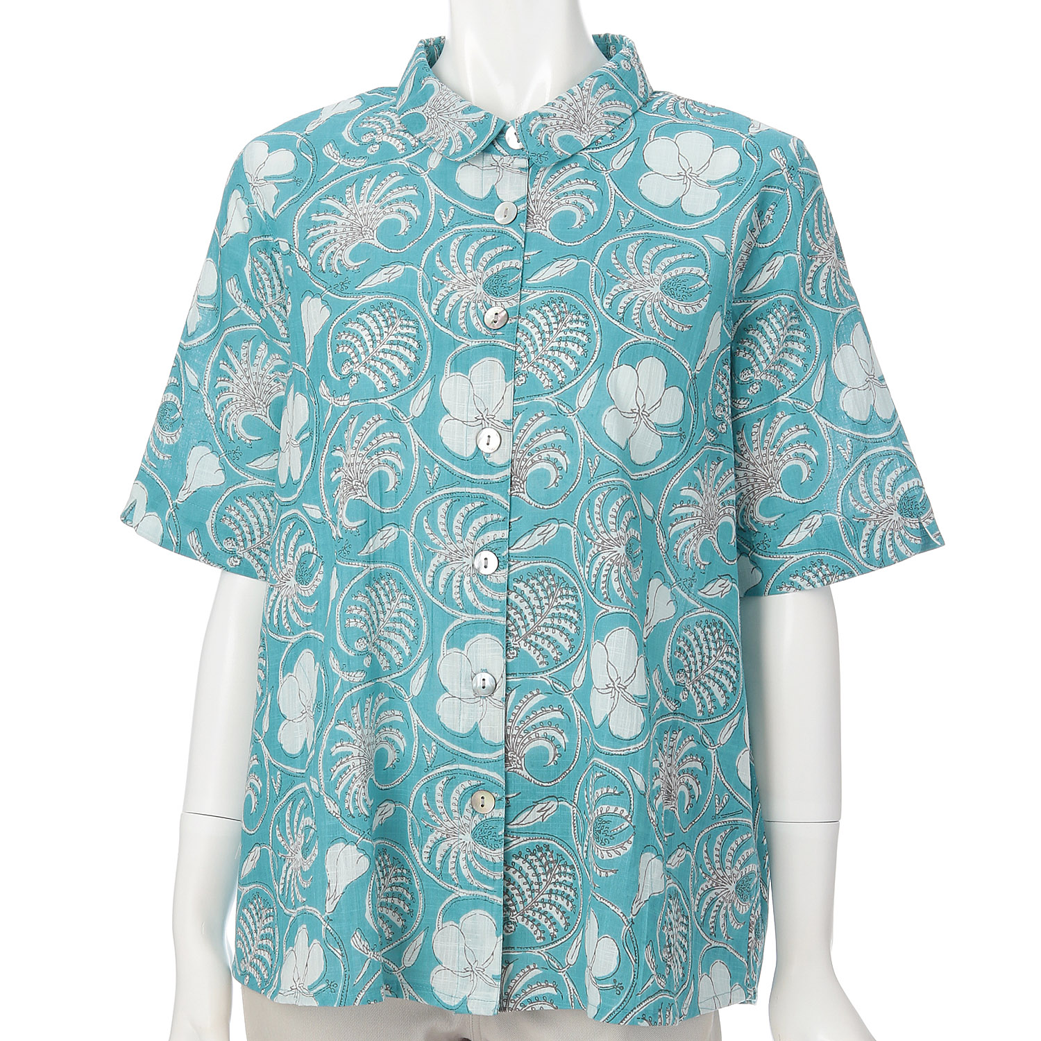 インディゴ フラワープリント五分袖ブラウス - 画像1