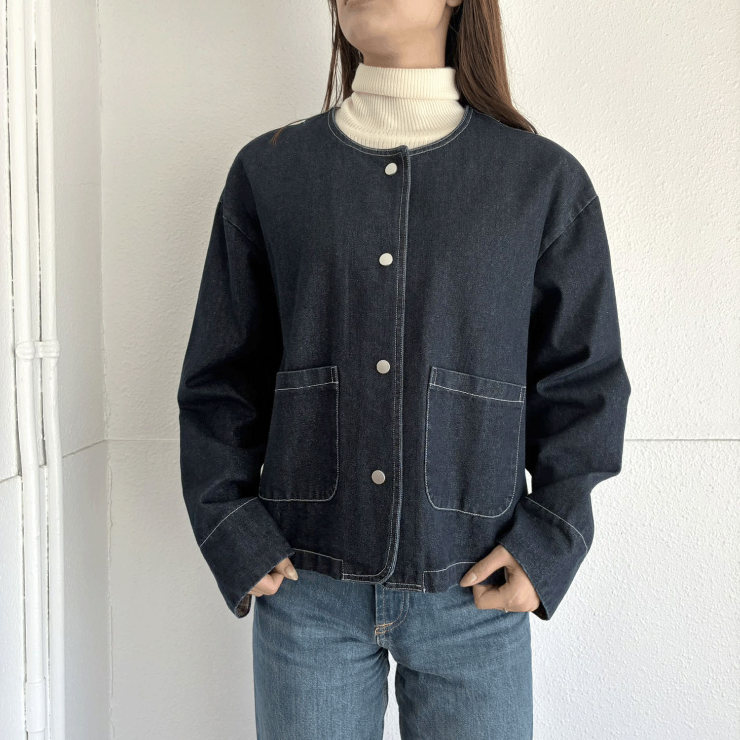 【Makito】ノーカラーデニムジャケット - 画像1