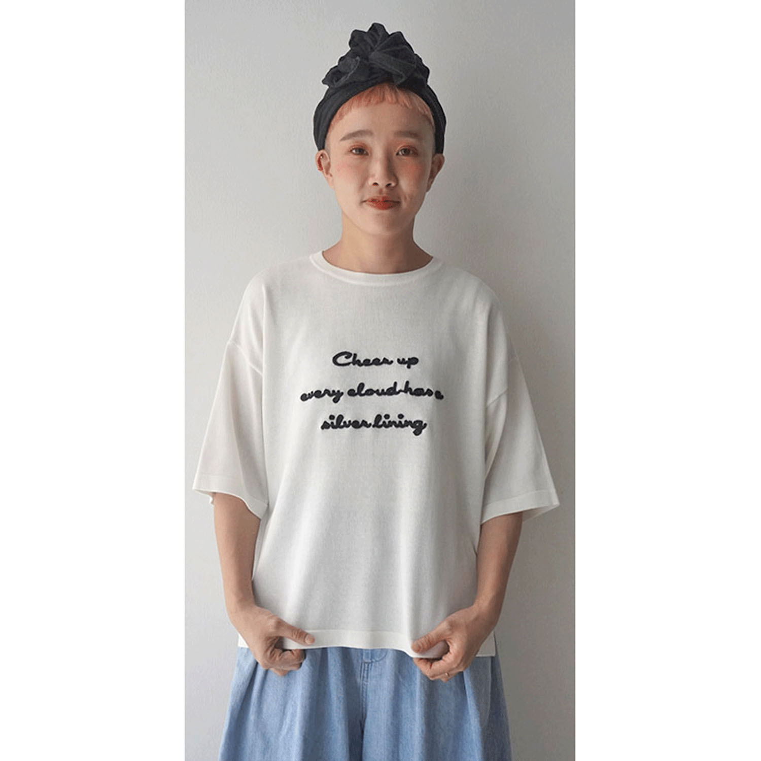 mao made ロゴチェーン刺繍5分袖ニットTEE