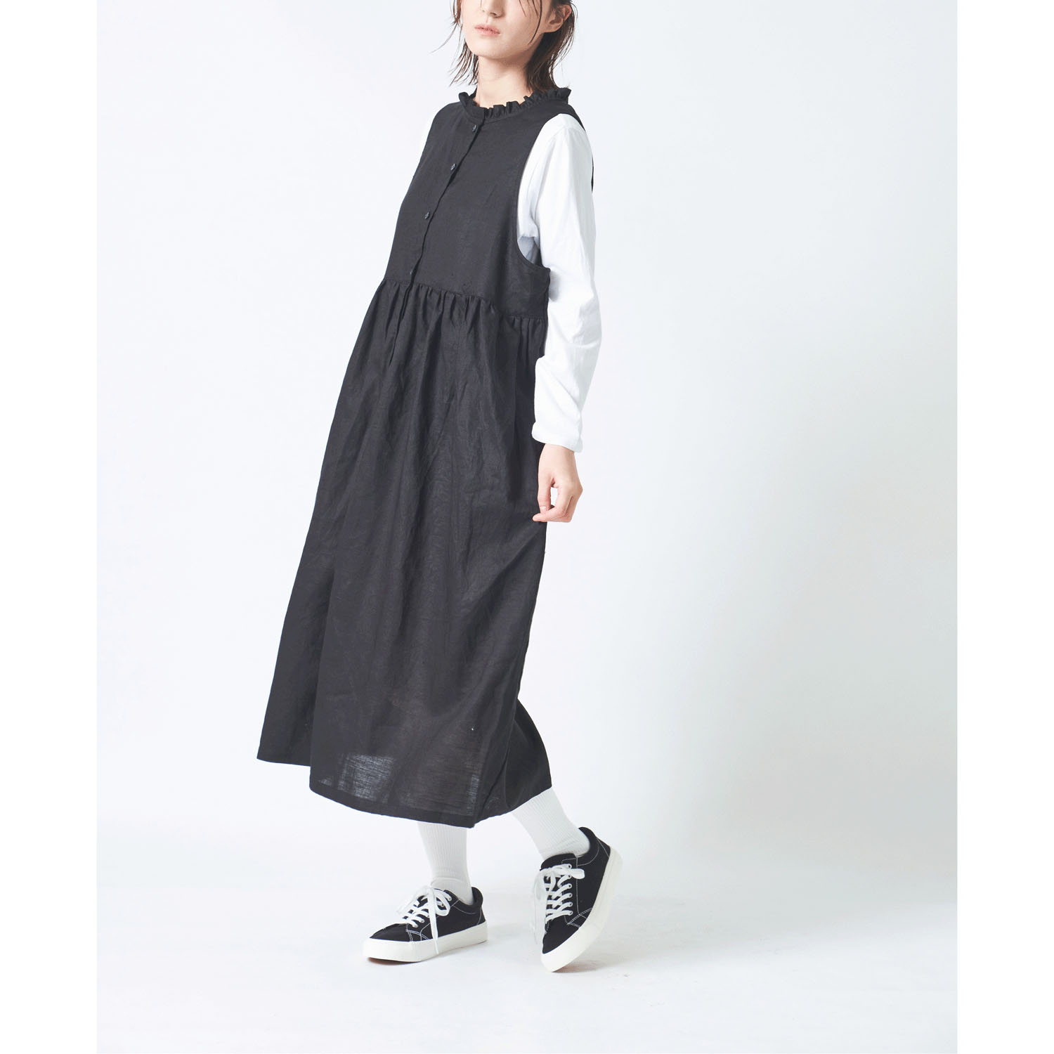 ubasoku 衿フリル途中比翼ウエストギャザー両サイドポケットノースリワンピース - 画像2