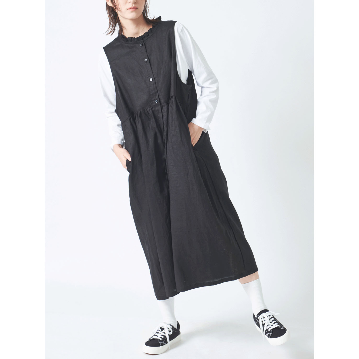 ubasoku 衿フリル途中比翼ウエストギャザー両サイドポケットノースリワンピース - 画像3