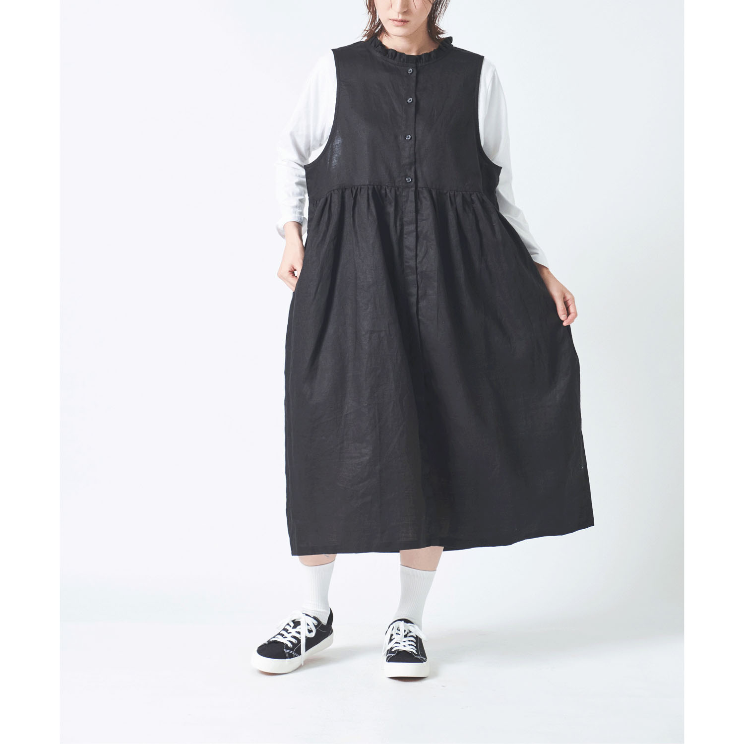 ubasoku 衿フリル途中比翼ウエストギャザー両サイドポケットノースリワンピース - 画像4