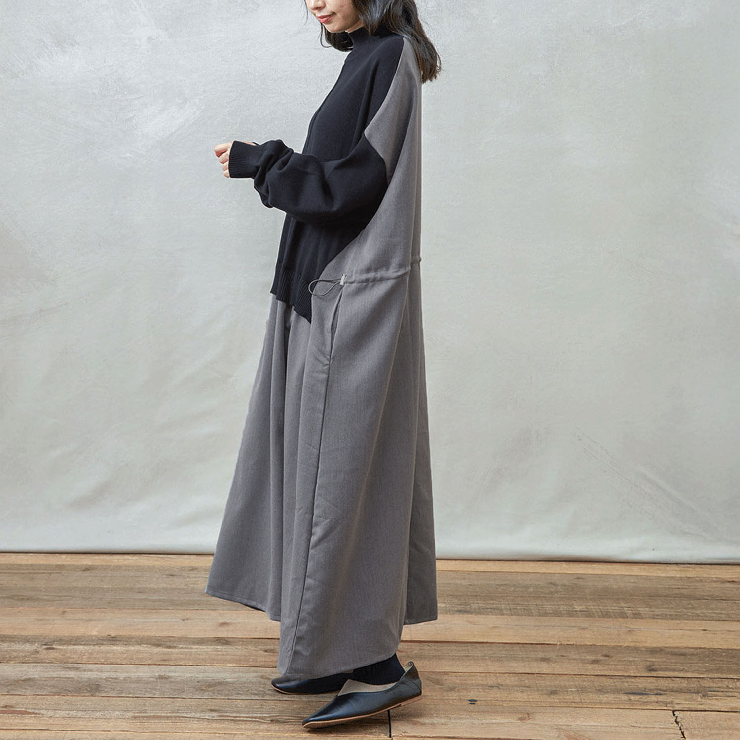 【Insta Live】teMite ニット×布帛ドッキングワンピース - 画像11