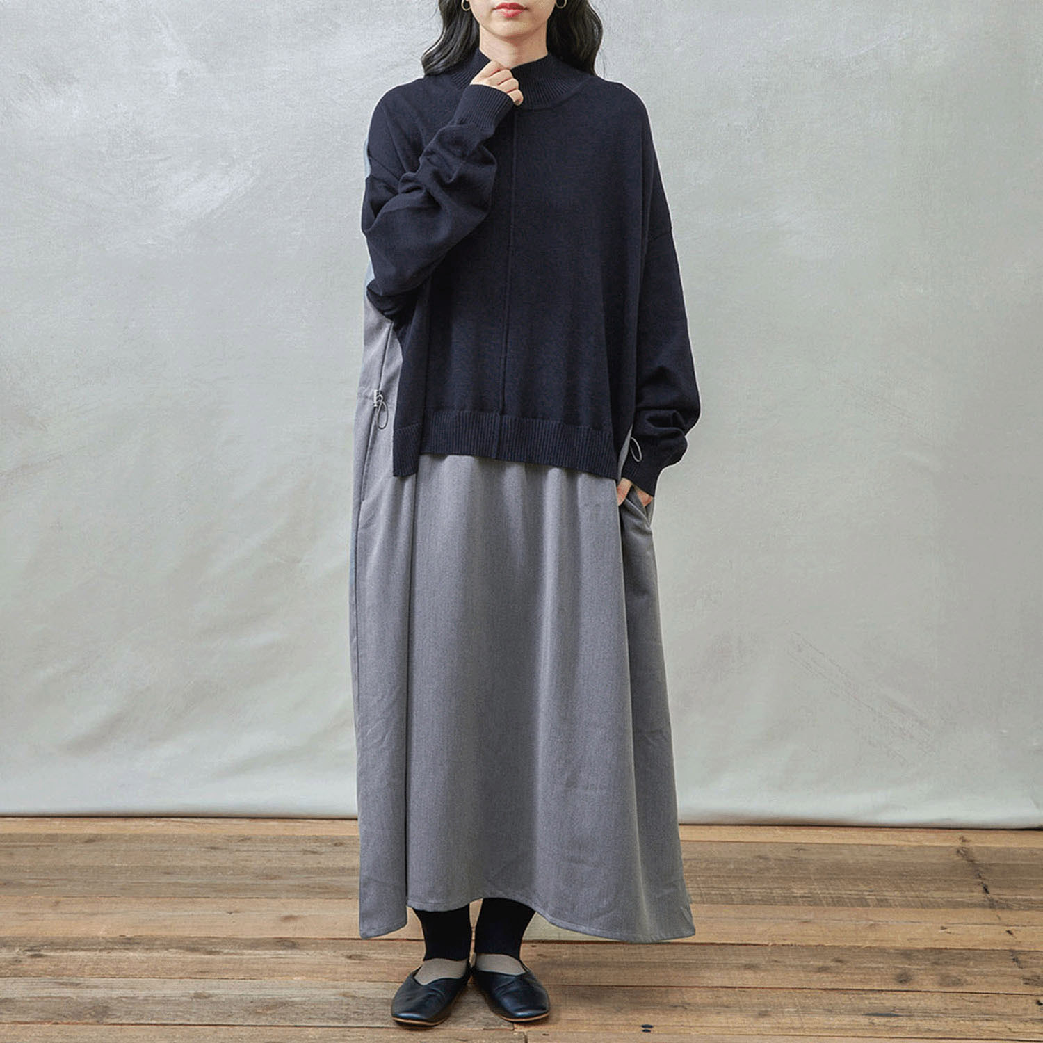 【Insta Live】teMite ニット×布帛ドッキングワンピース - 画像9