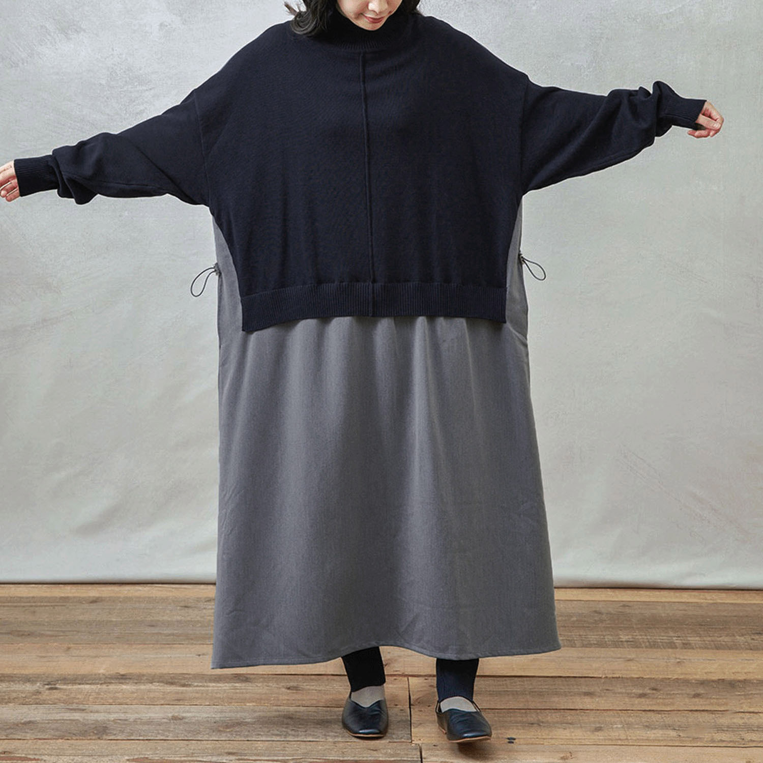 【Insta Live】teMite ニット×布帛ドッキングワンピース - 画像10