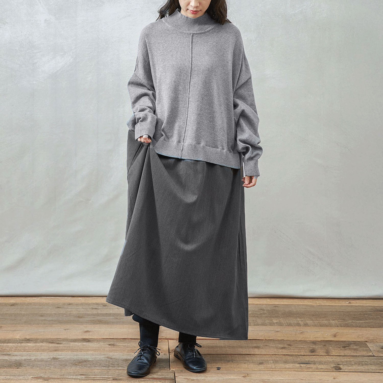 【Insta Live】teMite ニット×布帛ドッキングワンピース - 画像1