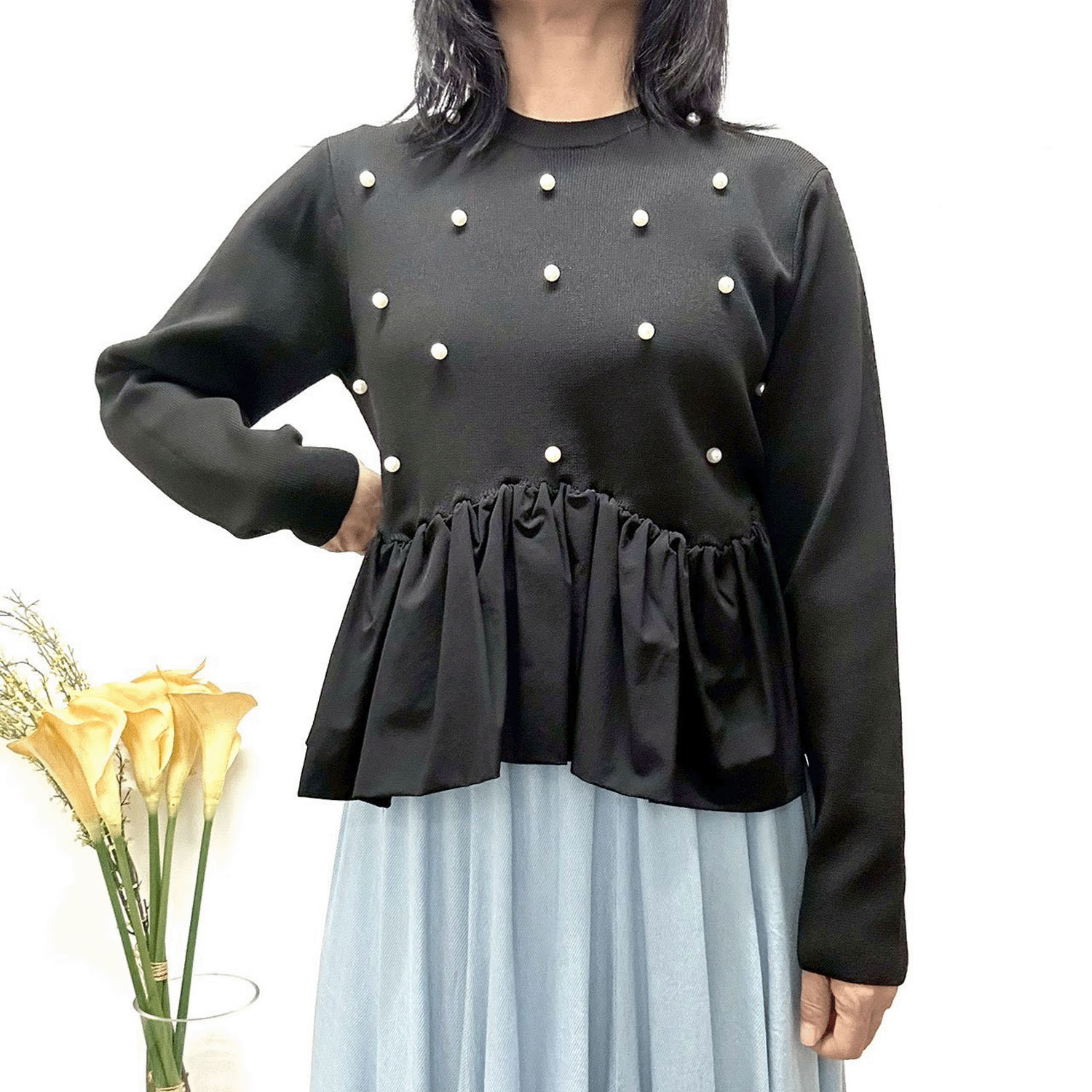 MONiLE パール付きペプラムニット