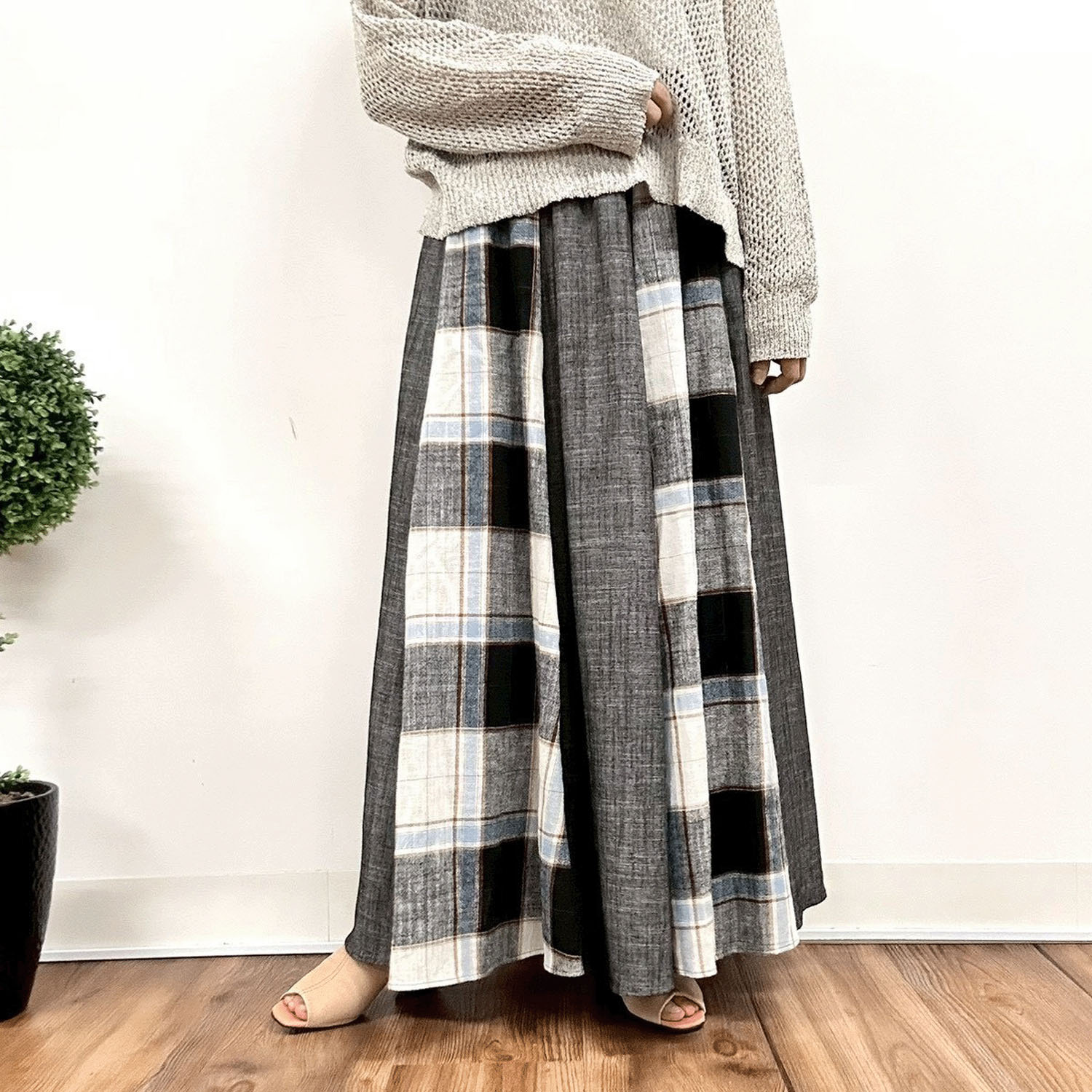 MONiLE 麻混チェック＆無地コンビスカート - 画像2