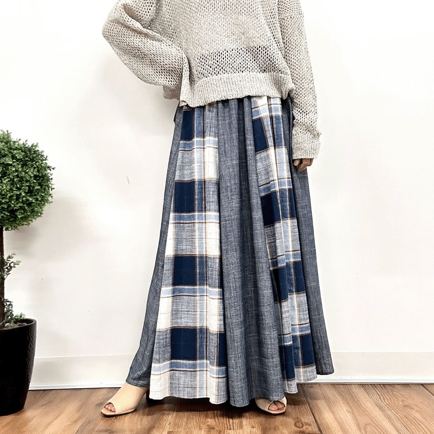 MONiLE 麻混チェック＆無地コンビスカート - 画像7