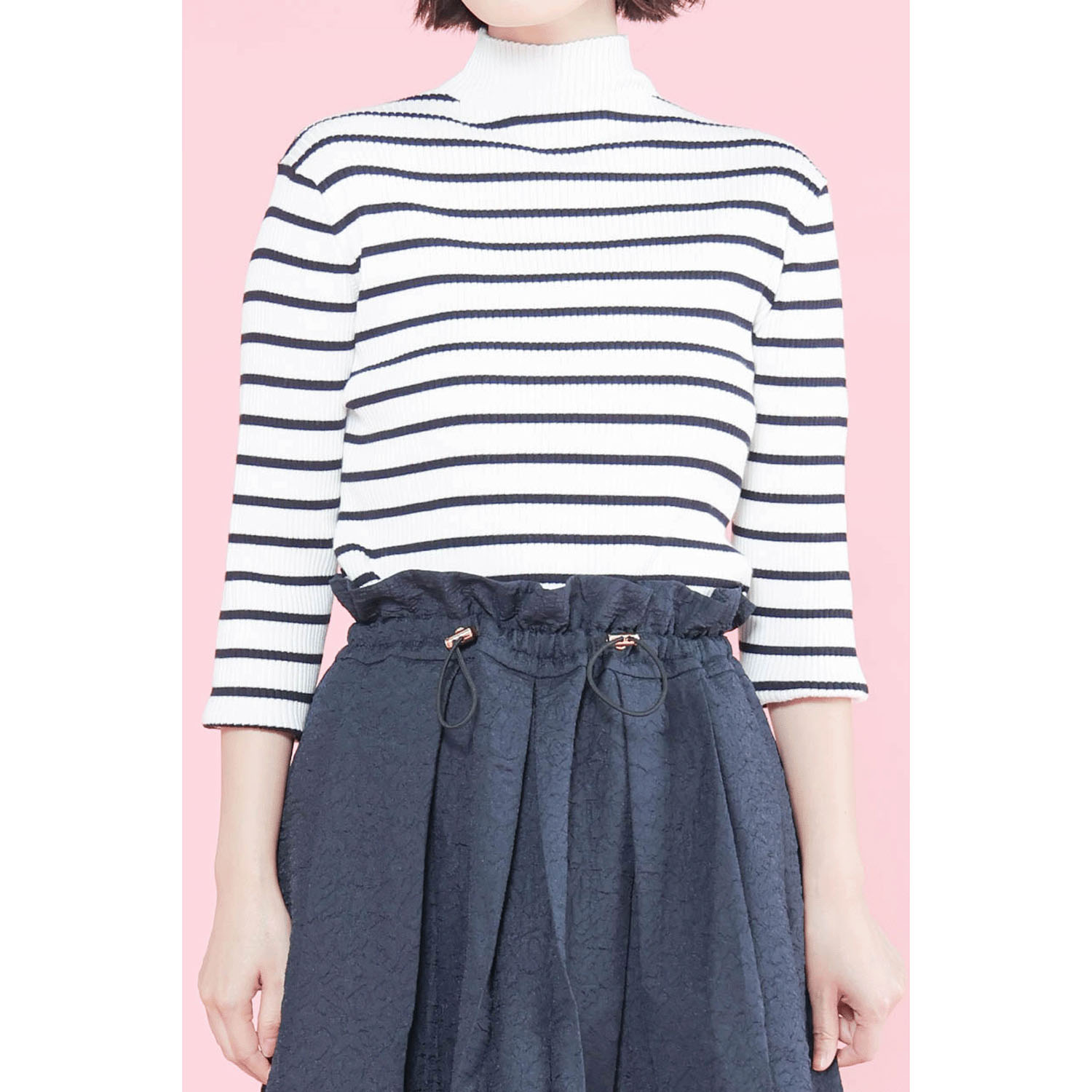 trois テレコ無地＆ボーダー7分袖ハイネックテレコニット - 画像2