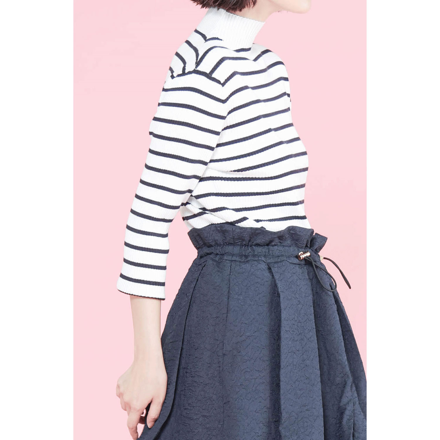 trois テレコ無地＆ボーダー7分袖ハイネックテレコニット - 画像3