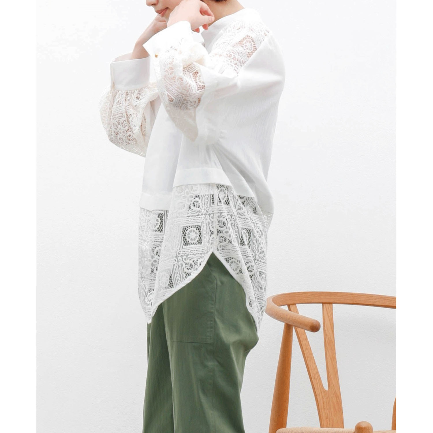 trois タイル調レースバルーン袖ブラウス - 画像3