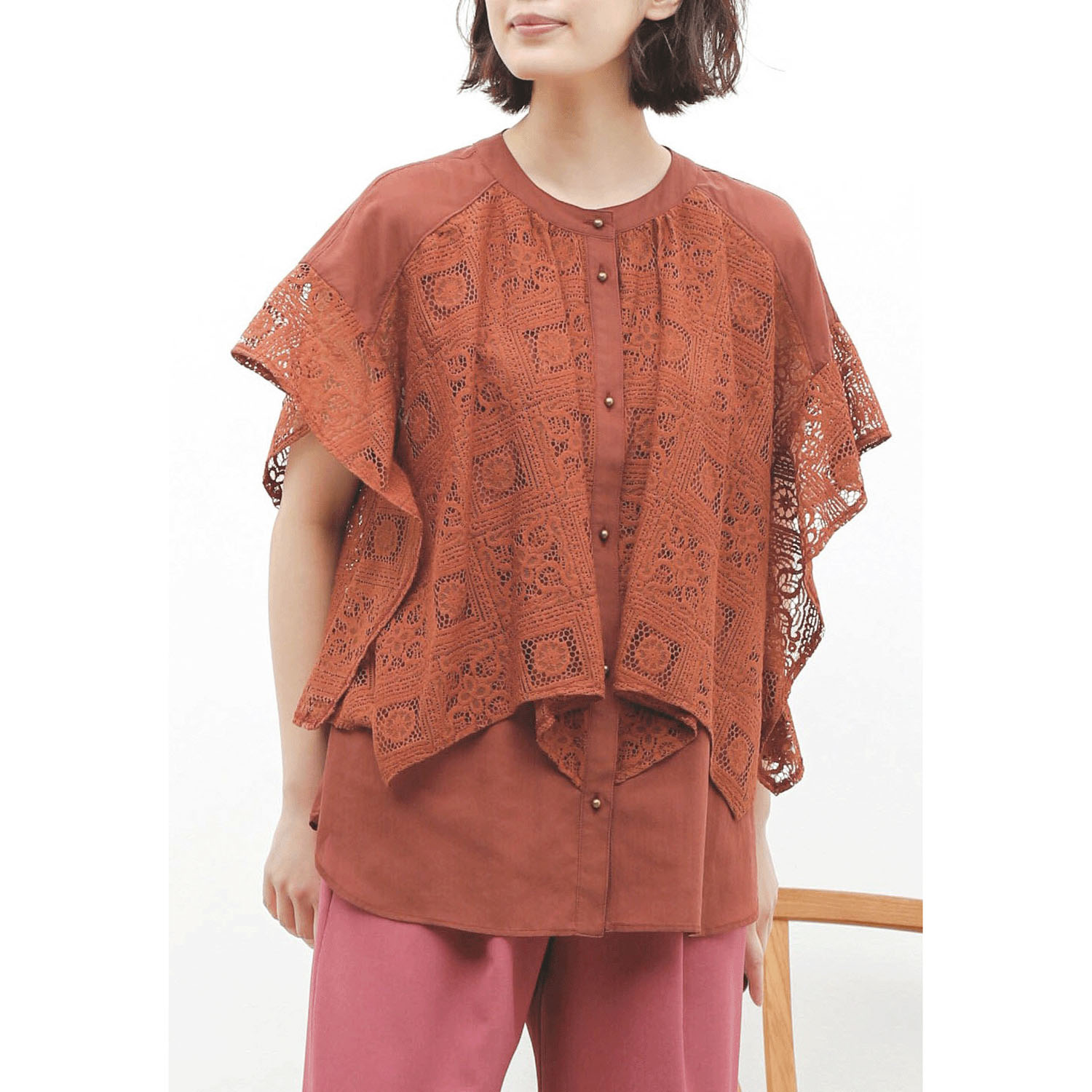 trois タイル調レース半袖ブラウス - 画像1