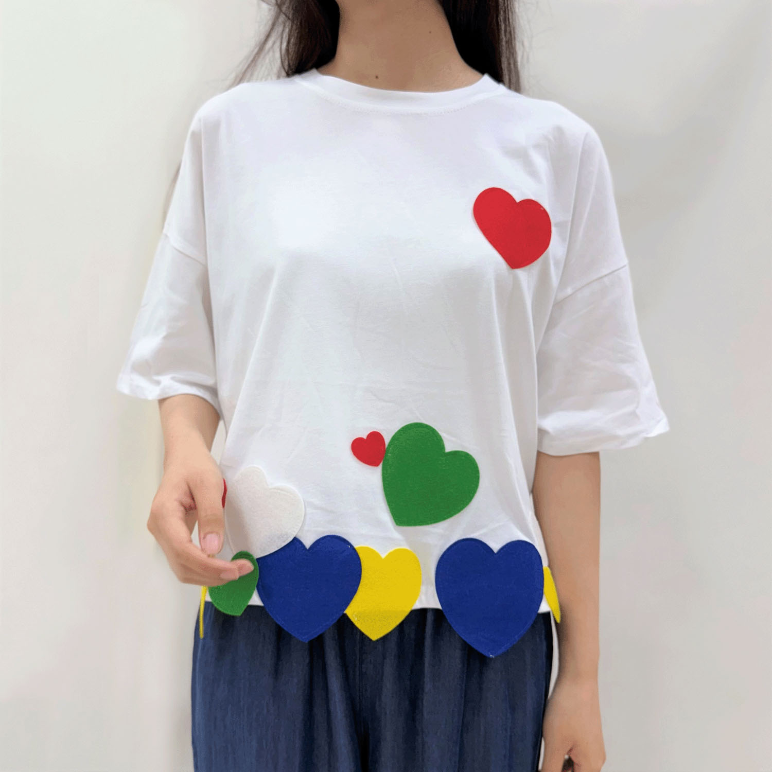 ハートアップリケ刺繍Tシャツ