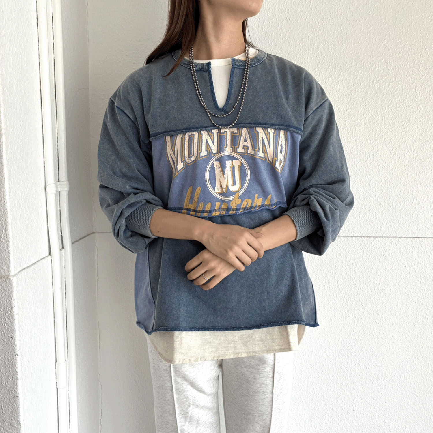 【新ブランド】CUBE SUGAR 裏毛パウダー加工 スウェット リメイク風切替プルオーバー