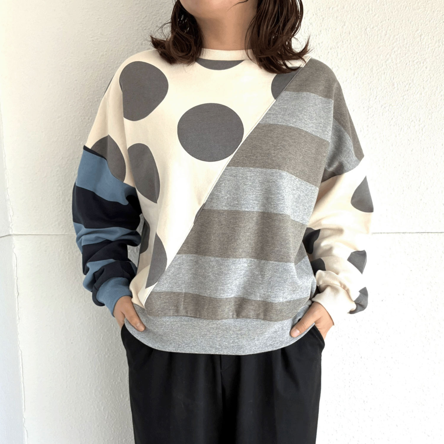 【新ブランド】CUBE SUGAR 裏毛プリント斜め切りビックプルオーバー