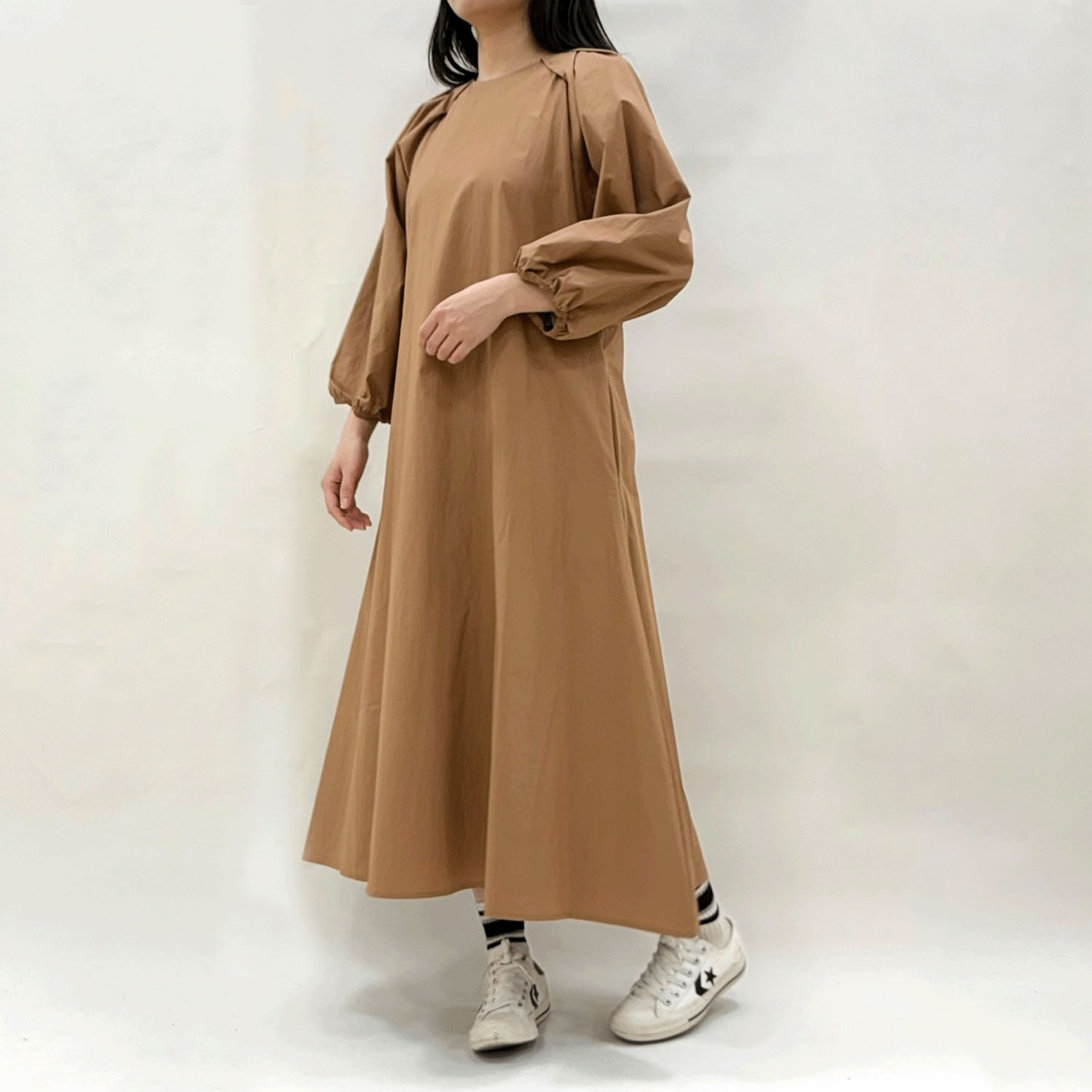 肩タックバックリボンAラインワンピース