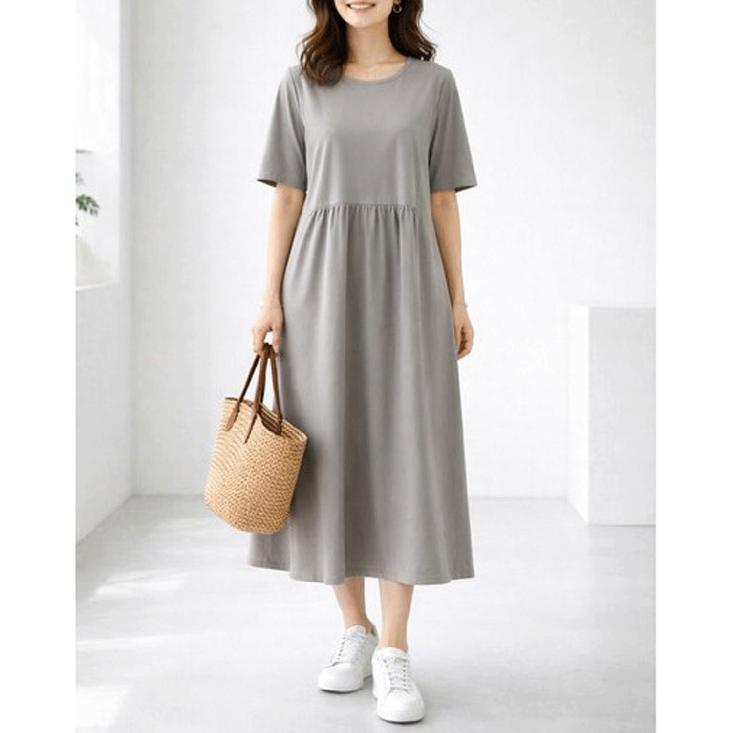 ダブルシルケットコットン100 ウエスト切替ワンピース