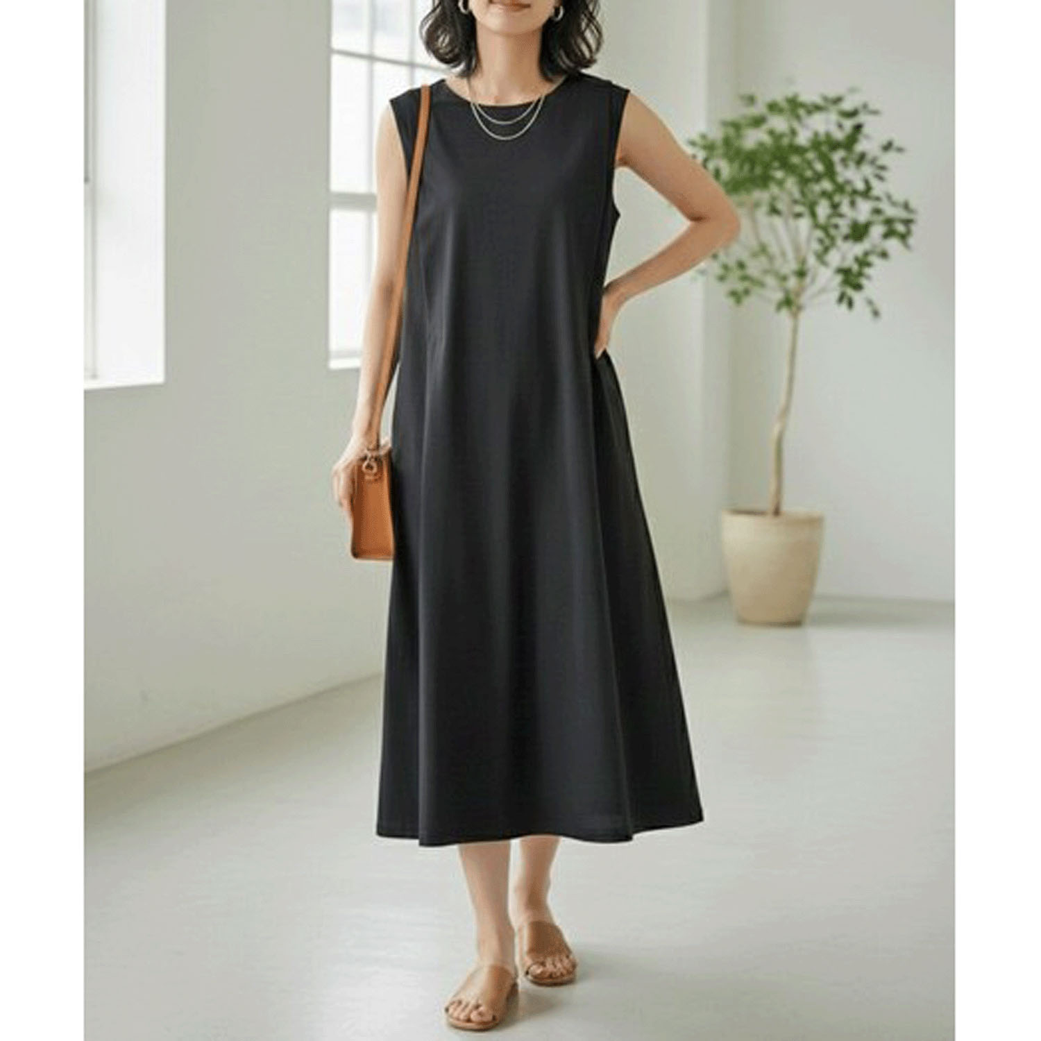 ダブルシルケットコットン100 タックノースリーブワンピース