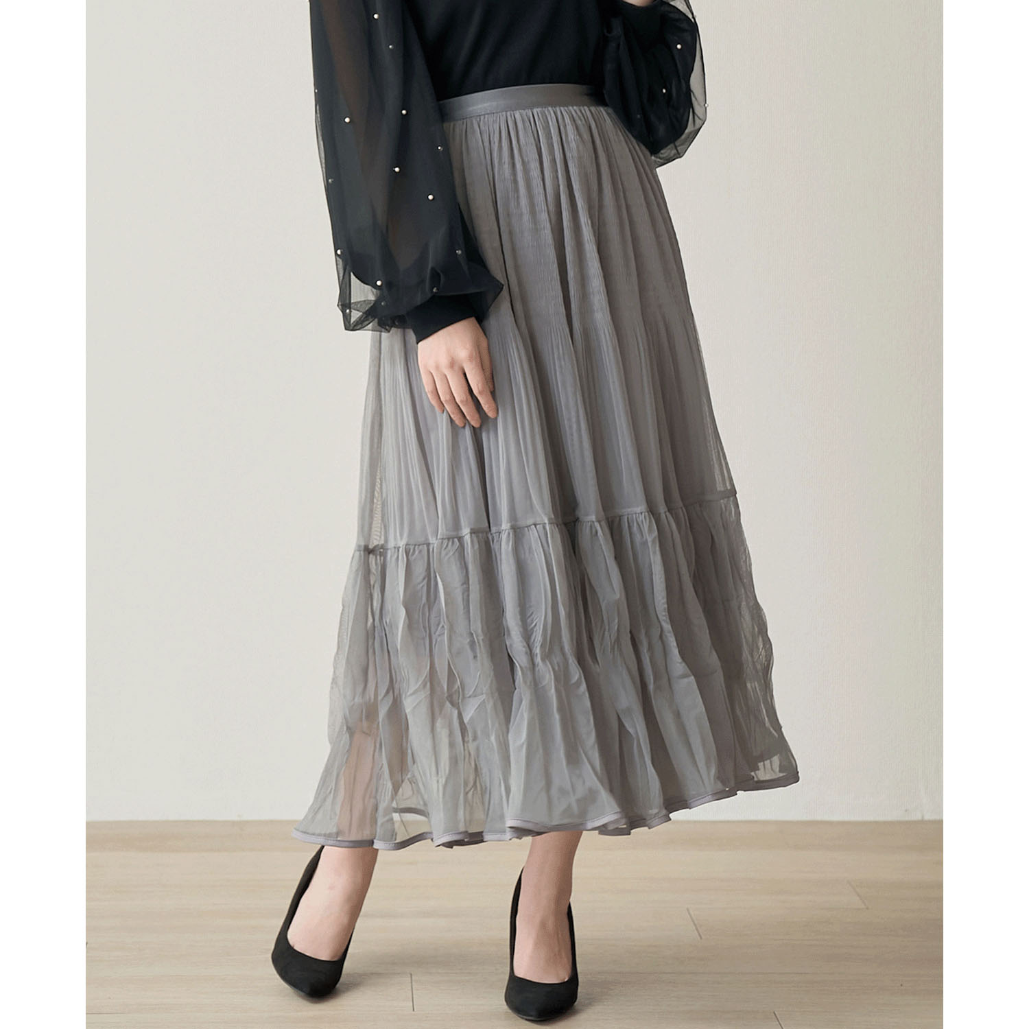Nohea 裾パイピングシャーリングティアードスカート