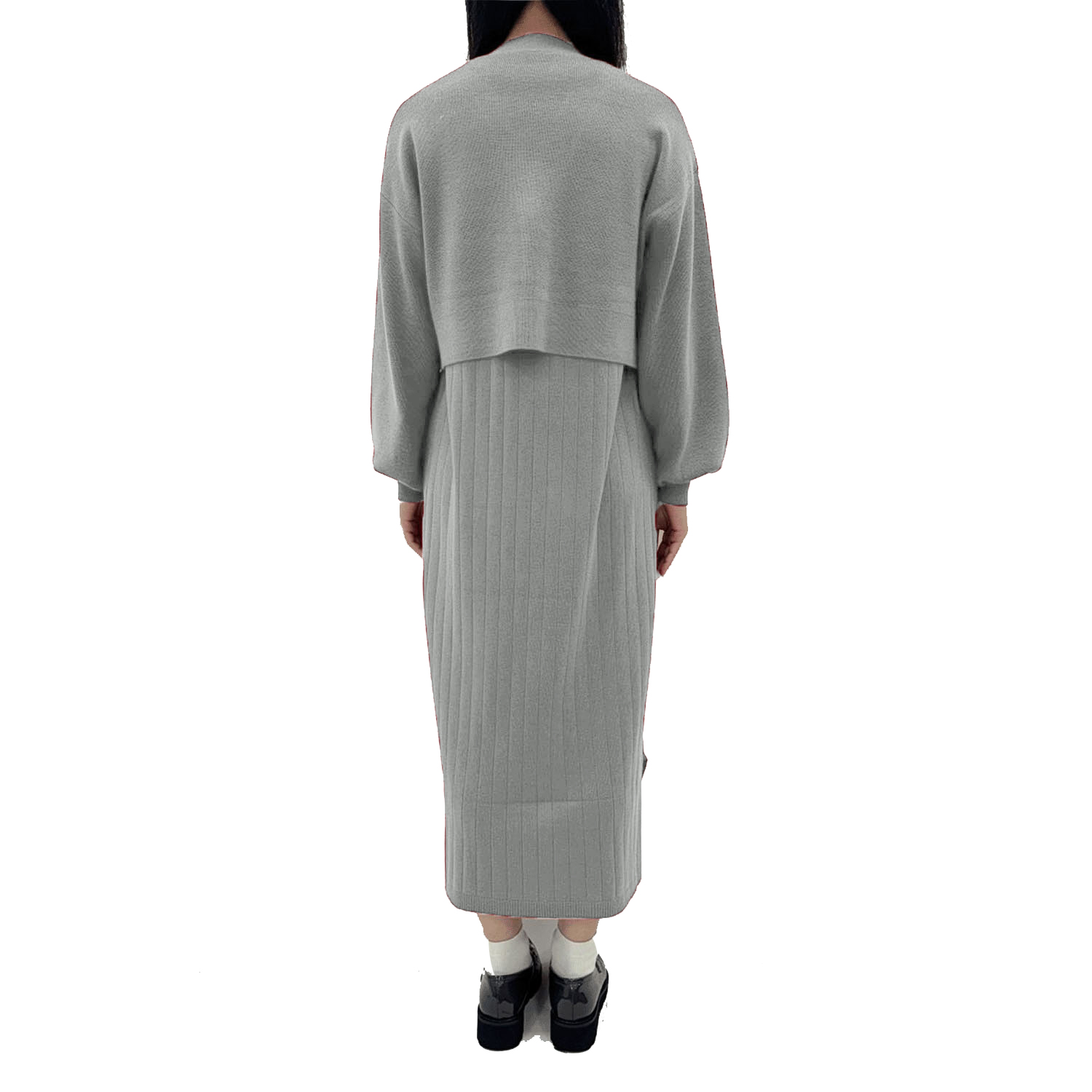 ワイドリブノースリーブワンピース畦カーディガンSET - 画像2