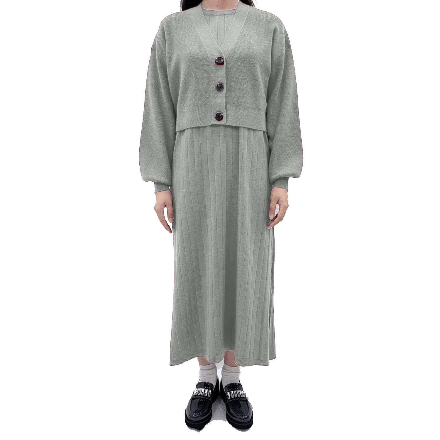 ワイドリブノースリーブワンピース畦カーディガンSET - 画像1