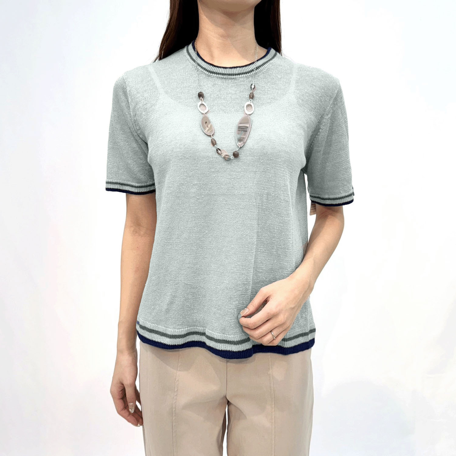 麻100％3配色丸首プルオーバー - 画像2