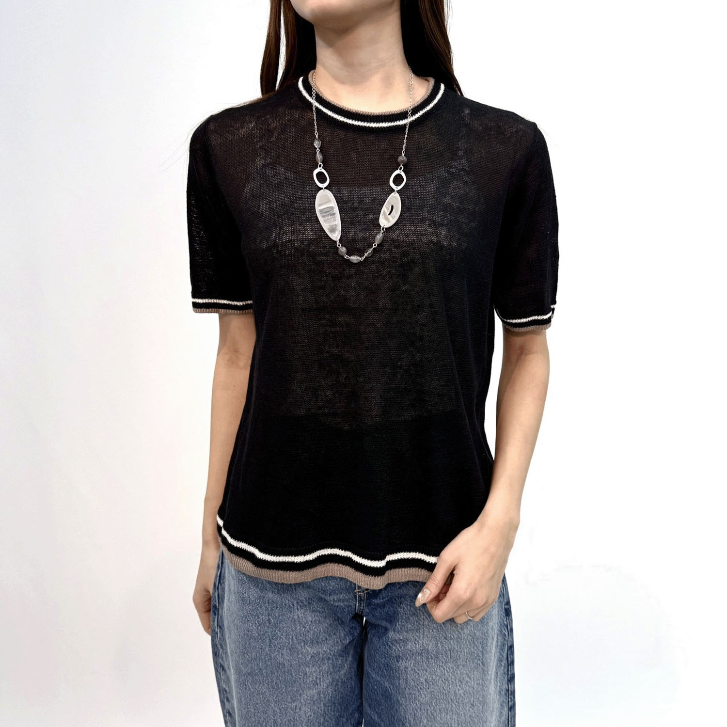 麻100％3配色丸首プルオーバー - 画像4