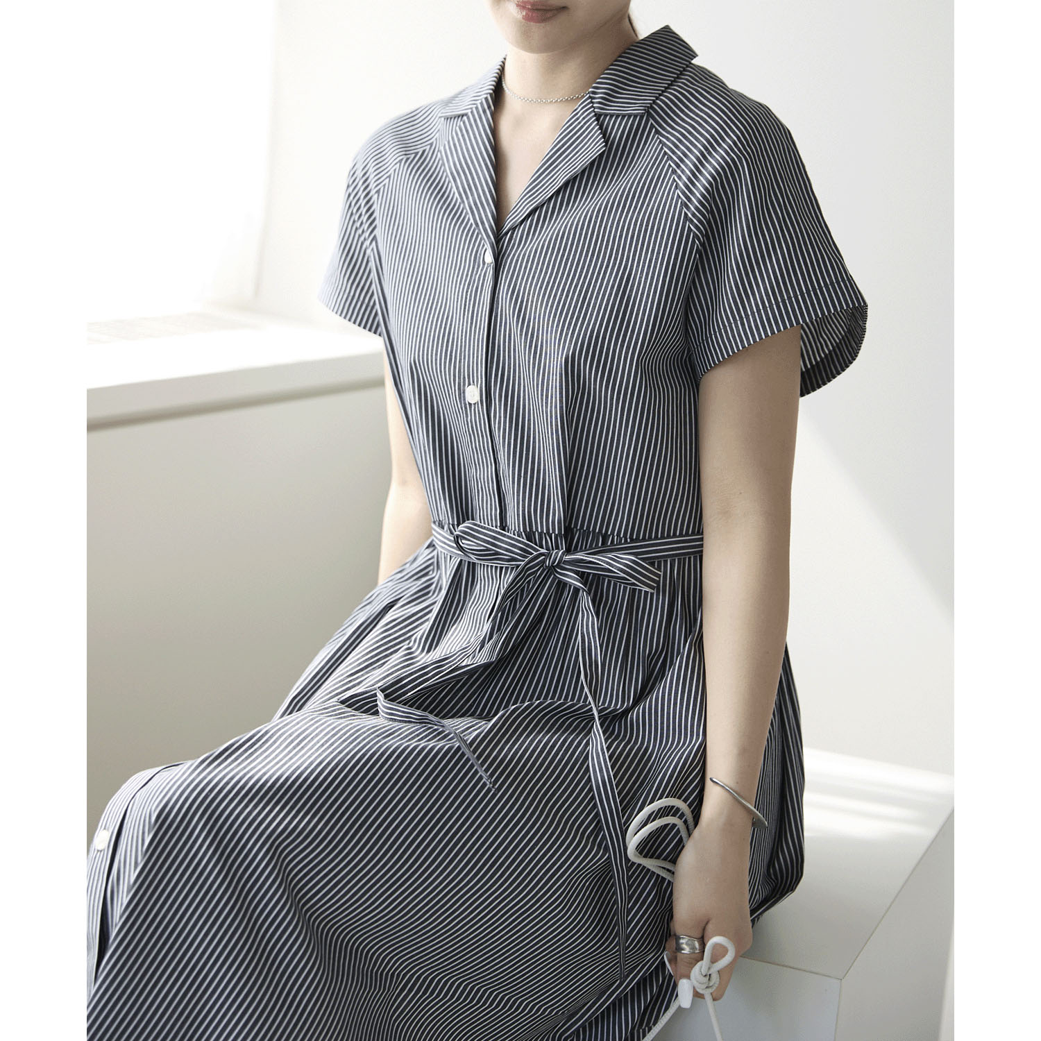 【お取り寄せ】PREFERIR（プレフェリール） ストライプラグラン切替 オープンカラーワンピース - 画像2