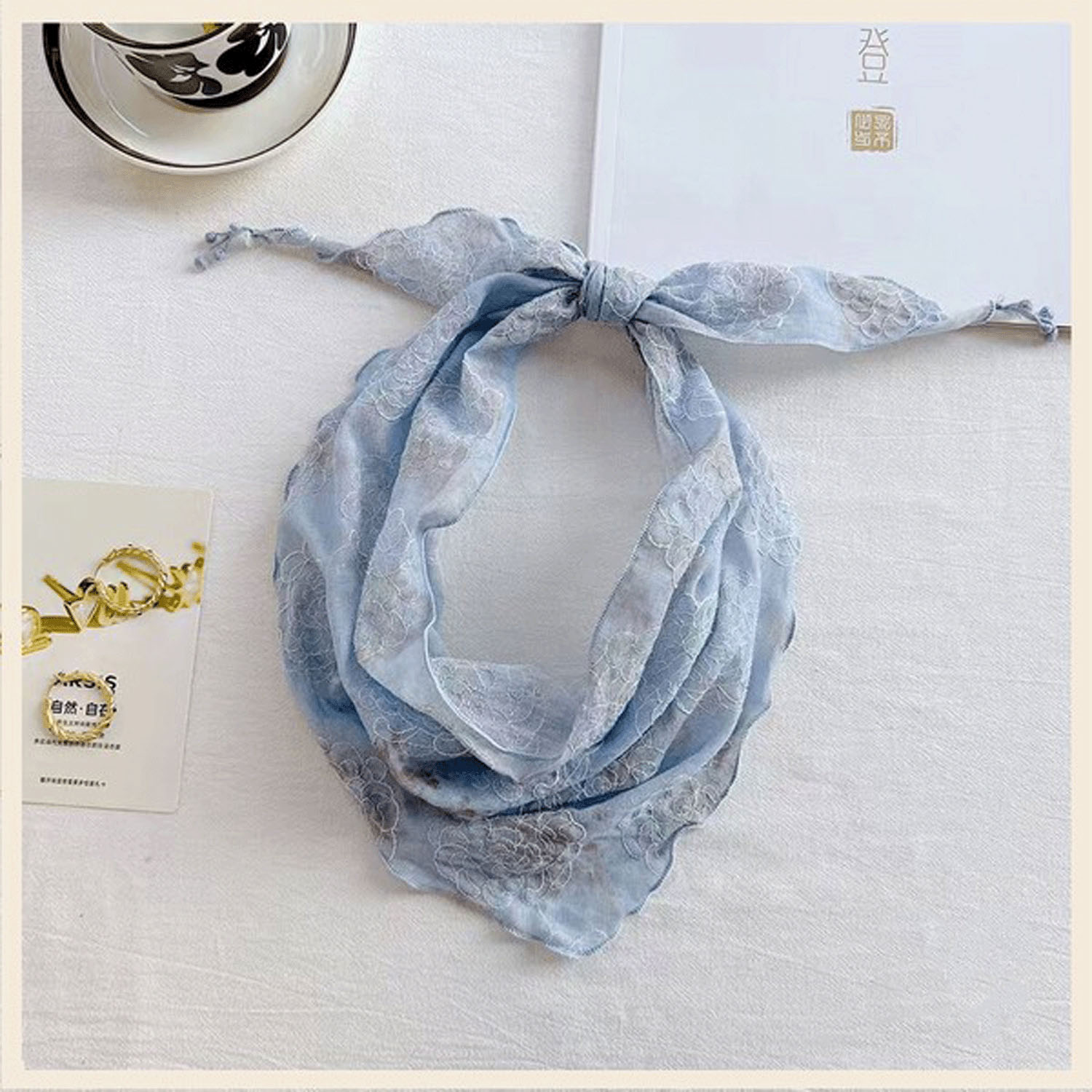 綿混ローズ刺繍プチスカーフ - 画像4