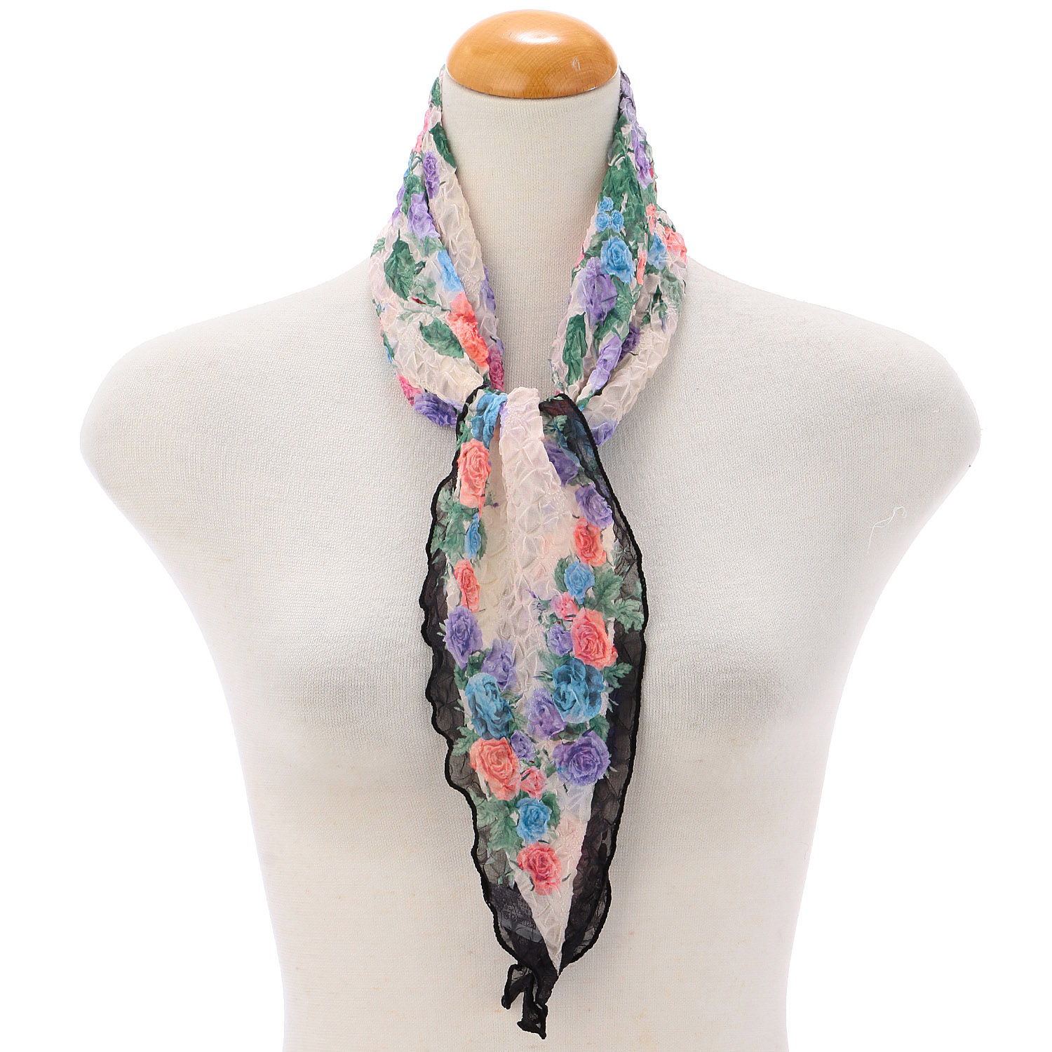 【グレー、イエロー終了】バラ柄シワ加工剣先スカーフ