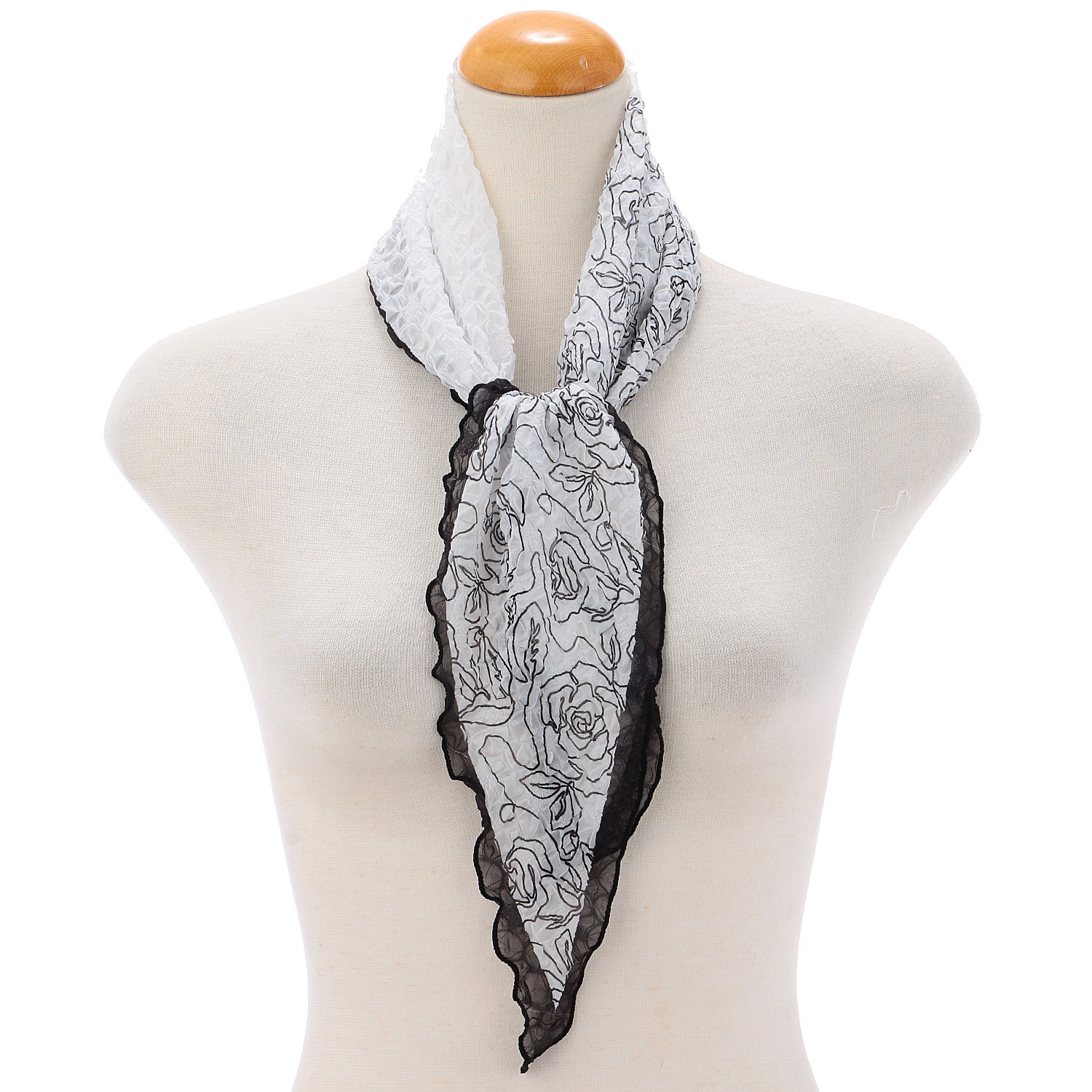 線画ローズ柄シワ加工剣先スカーフ