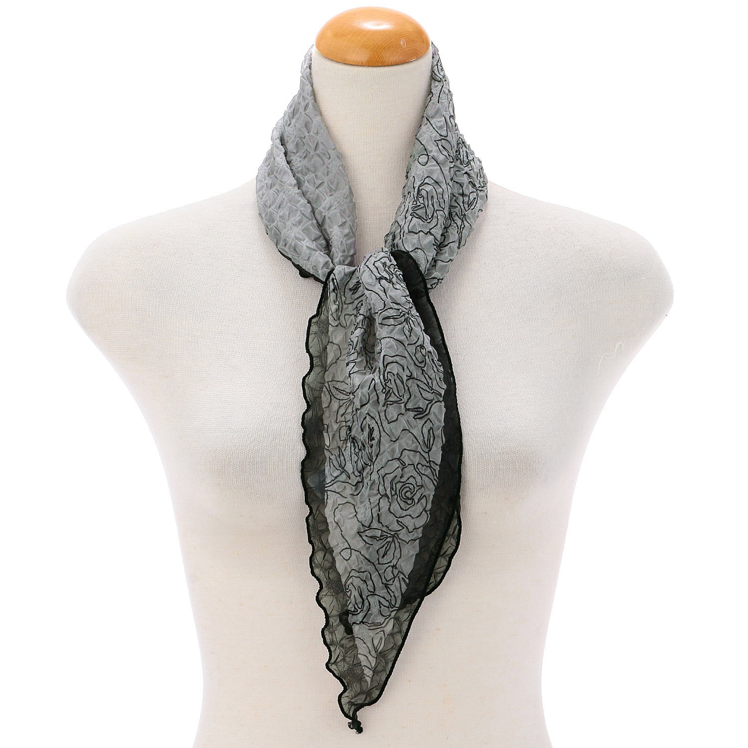 線画ローズ柄シワ加工剣先スカーフ - 画像1