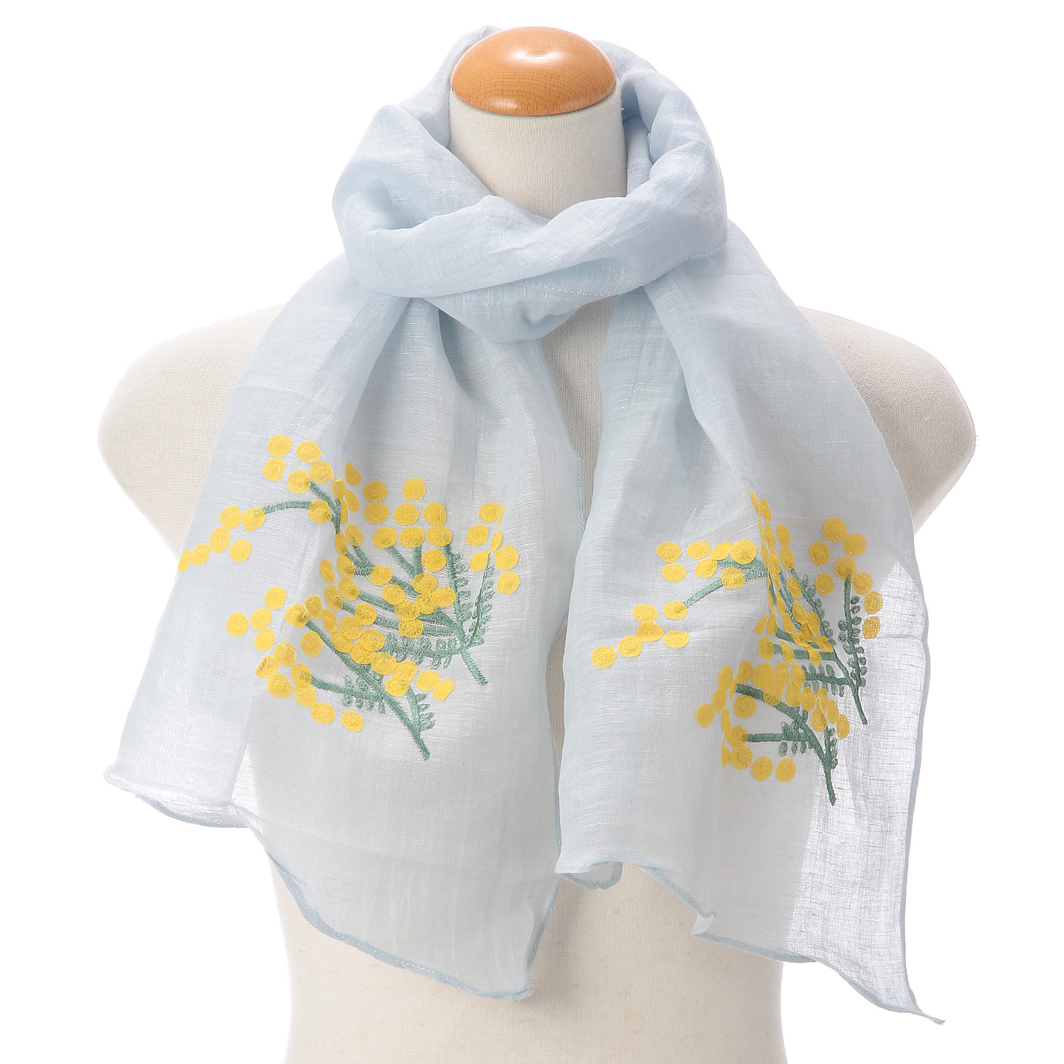 コットンシルクミモザ刺繍剣先ストール - 画像1