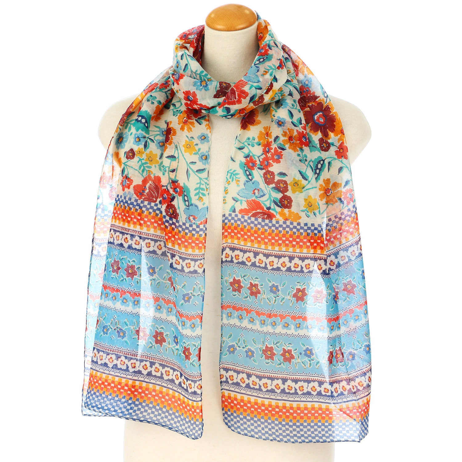 インド製 綿シルクボーダー花柄ストール - 画像1