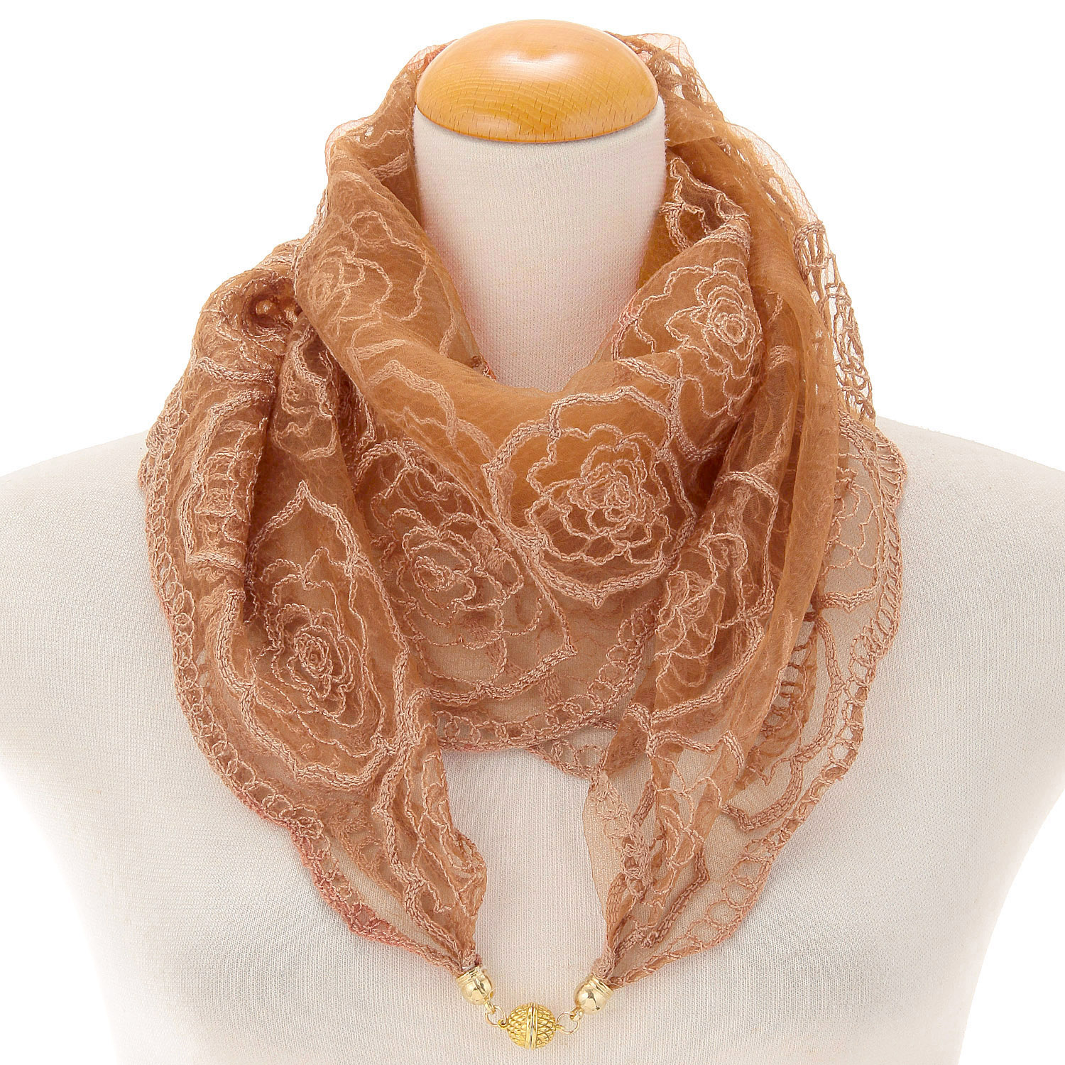 【キャメル、ワイン終了】マグネット付ローズ刺繍スカーフ - 画像3