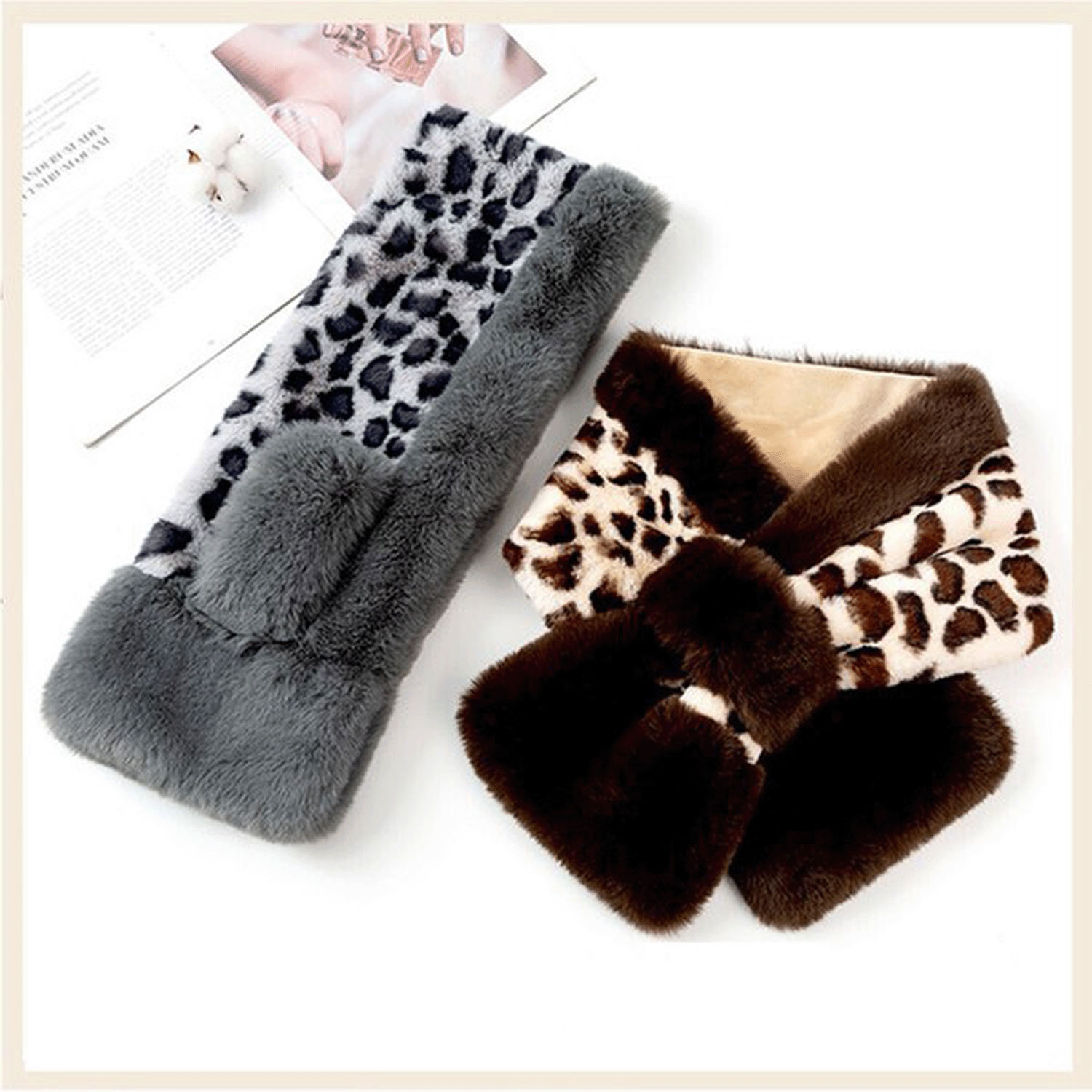 【ベージュ終了】エコファーヒョウ柄マフラー - 画像1